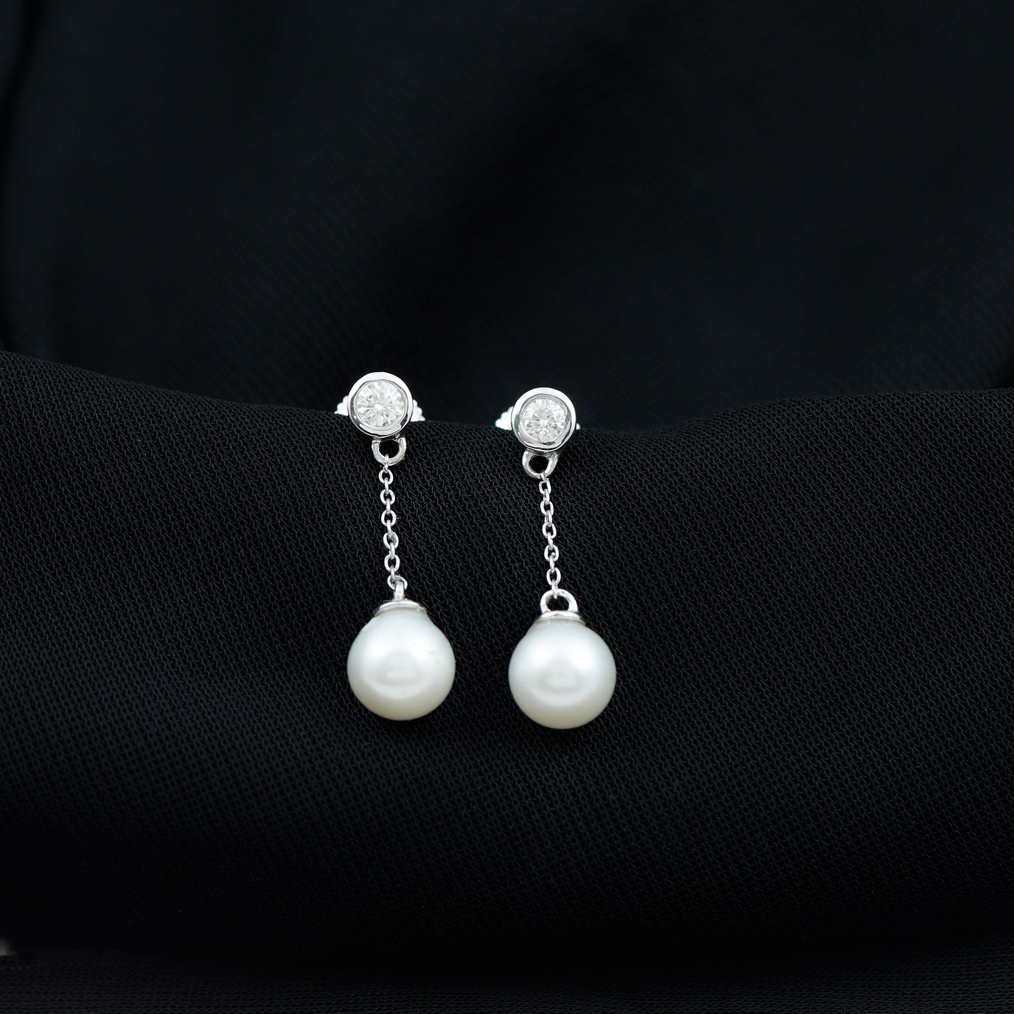 7MM Freshwater Pearl and Diamond Chain Drop Earrings