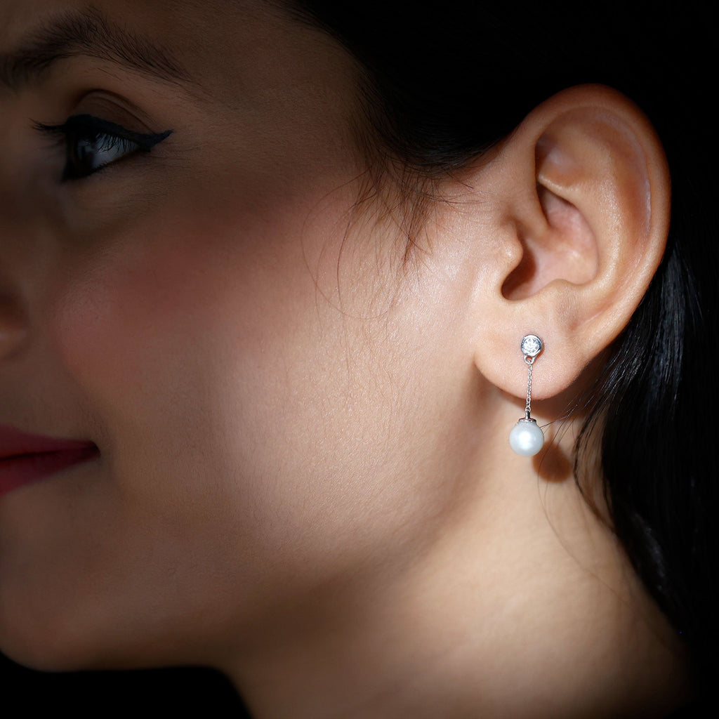7MM Freshwater Pearl and Diamond Chain Drop Earrings