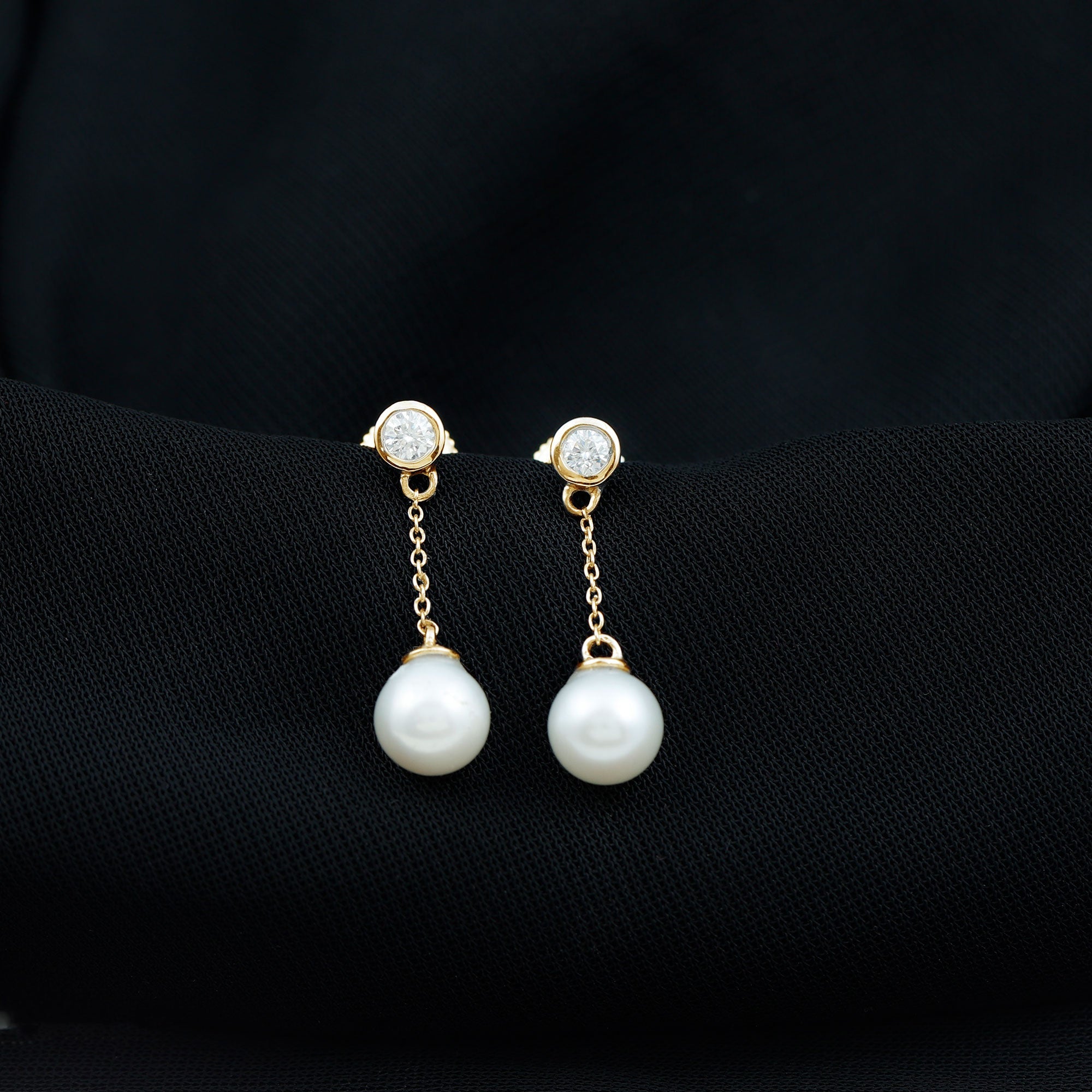 7MM Freshwater Pearl and Diamond Chain Drop Earrings