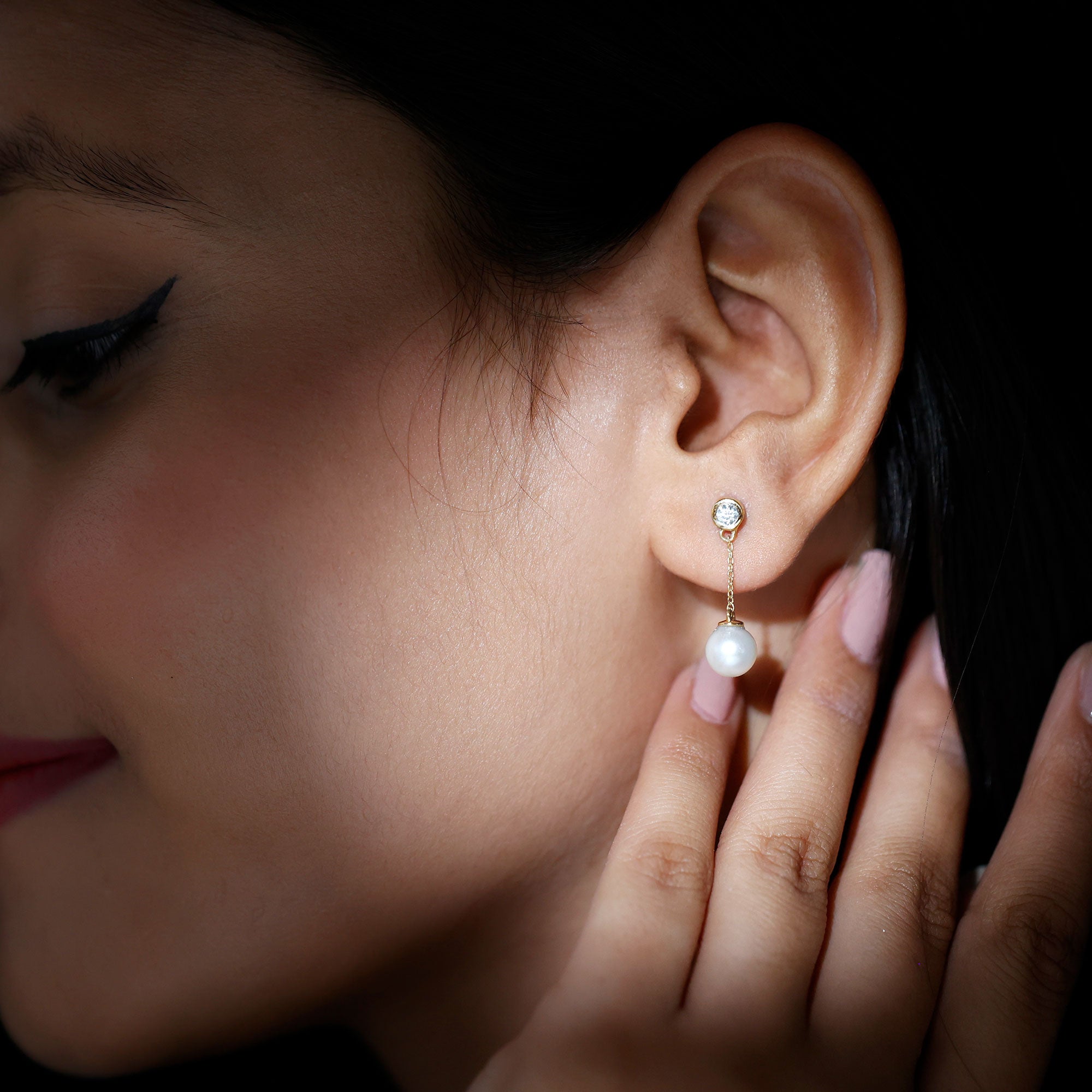7MM Freshwater Pearl and Diamond Chain Drop Earrings