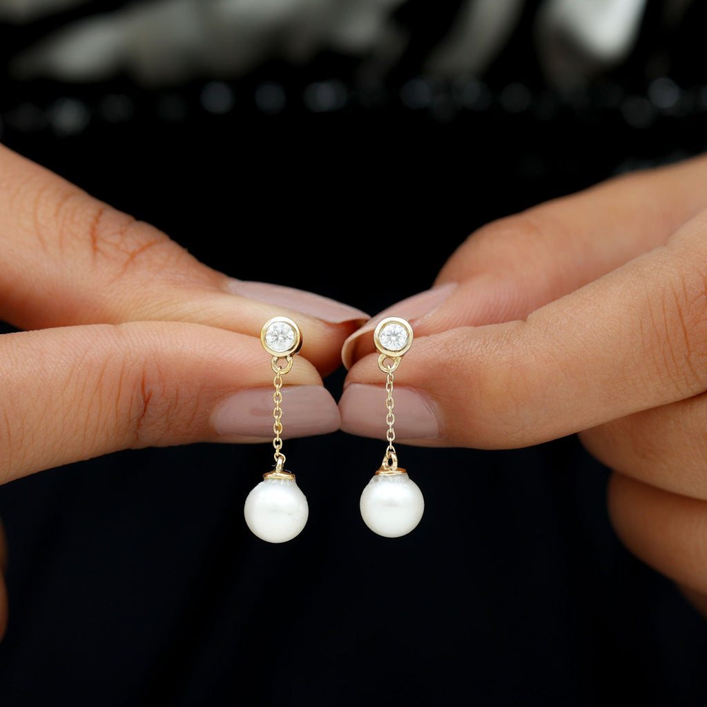 7MM Freshwater Pearl and Diamond Chain Drop Earrings