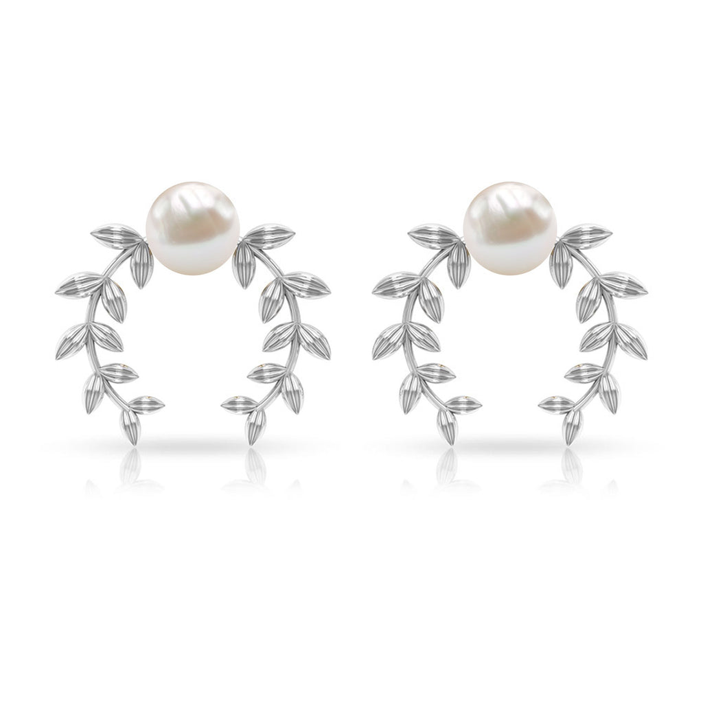 2.75 CT Freshwater Pearl Stud Earrings with Gold Leaf Motifs