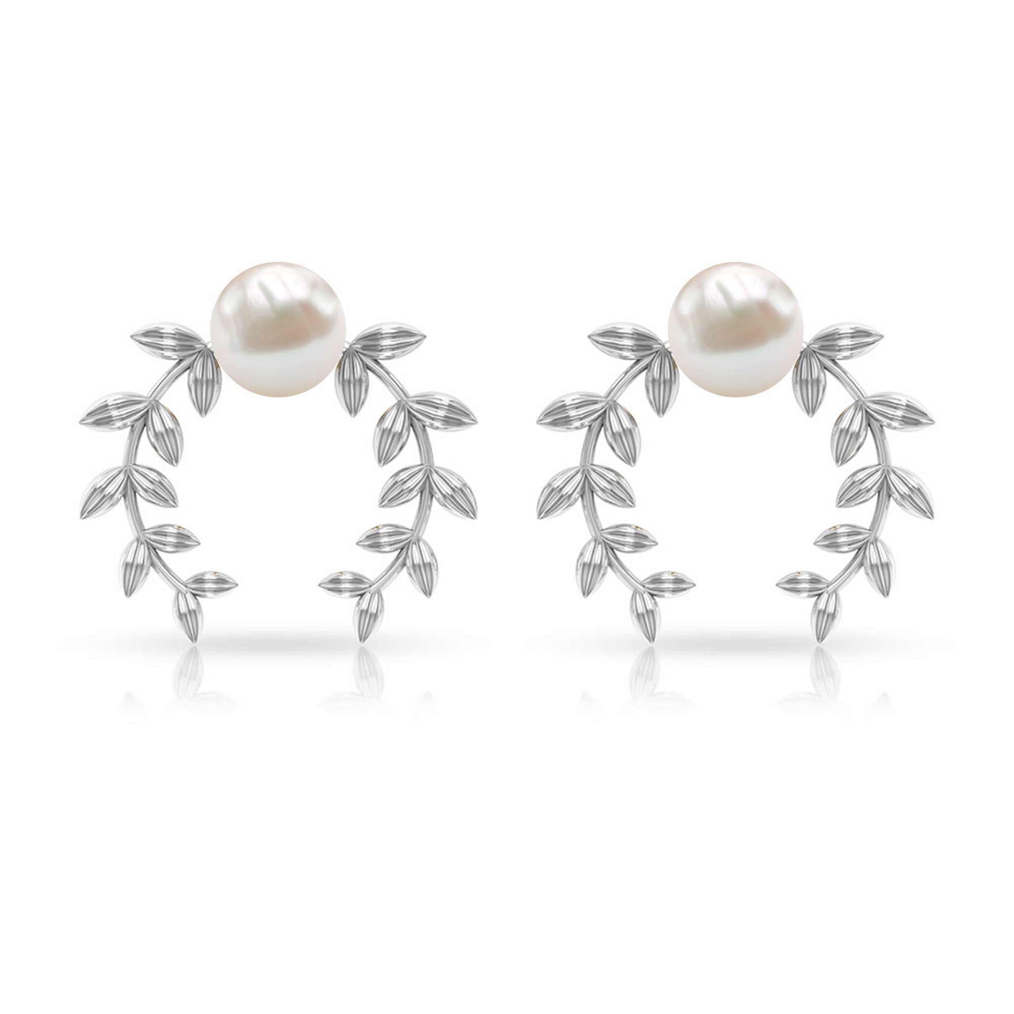 2.75 CT Freshwater Pearl Stud Earrings with Gold Leaf Motifs