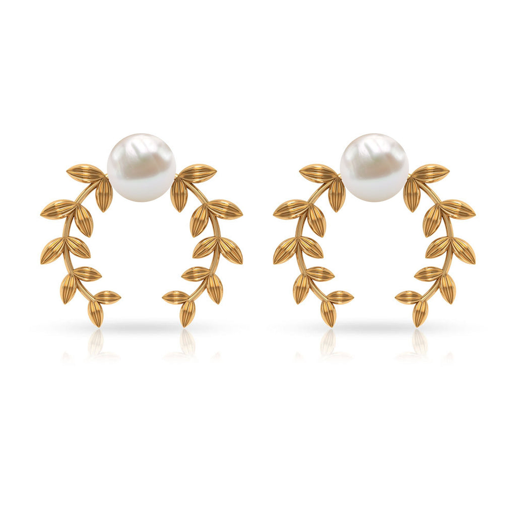 2.75 CT Freshwater Pearl Stud Earrings with Gold Leaf Motifs