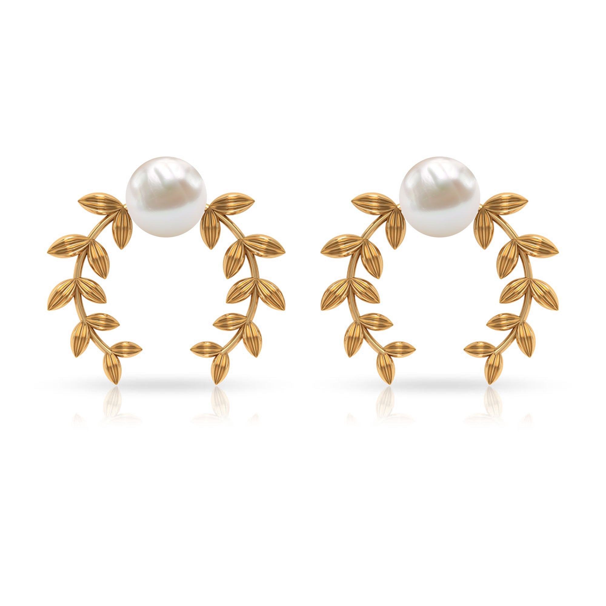 2.75 CT Freshwater Pearl Stud Earrings with Gold Leaf Motifs