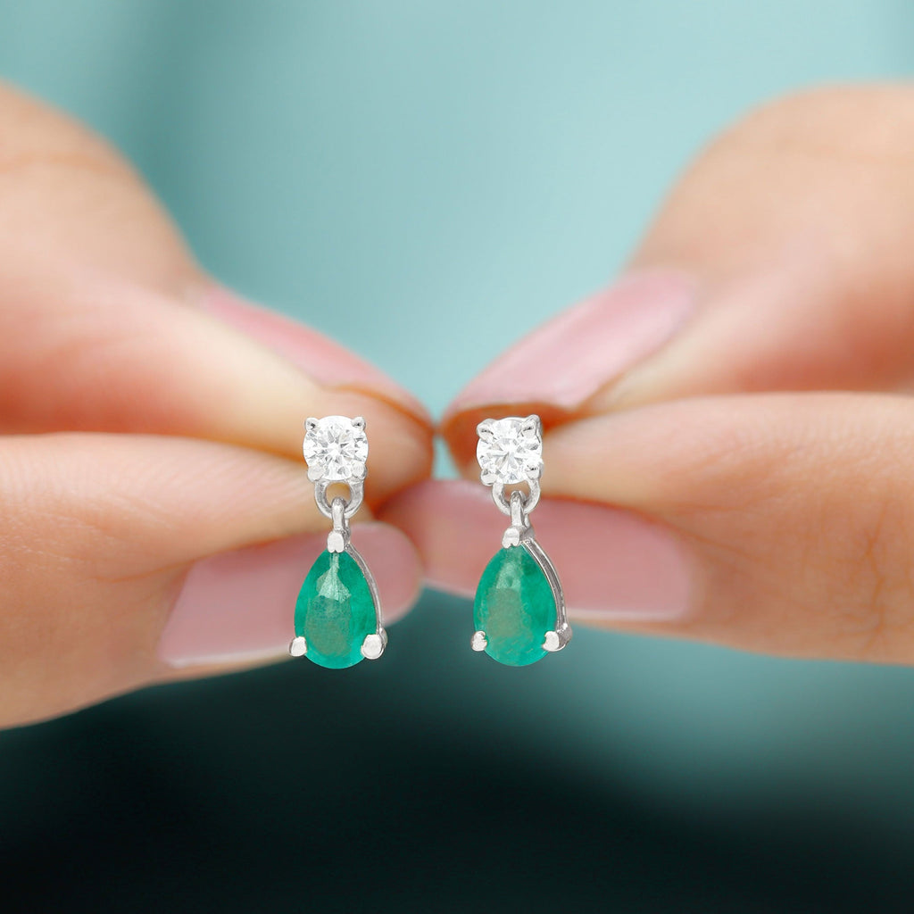 Natural Emerald and Moissanite Bridal Teardrop Earrings