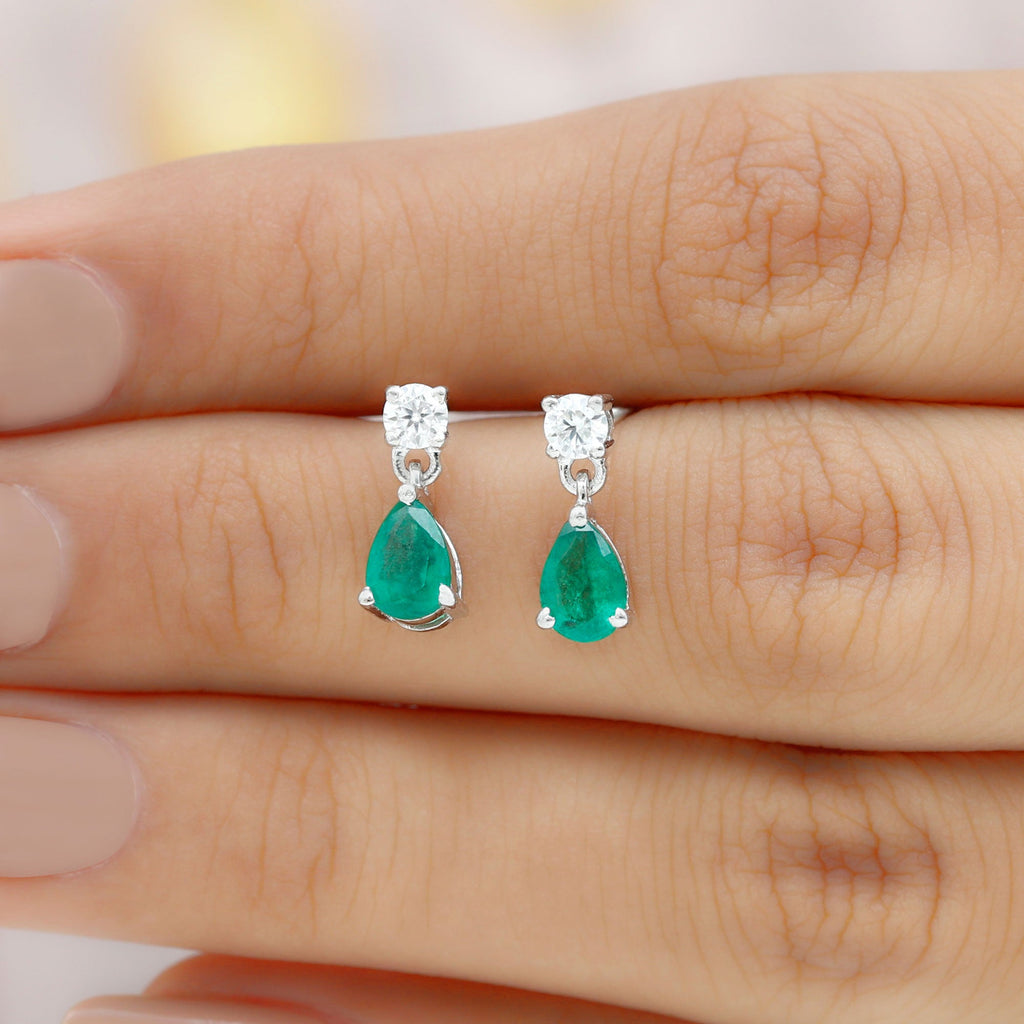 Natural Emerald and Moissanite Bridal Teardrop Earrings