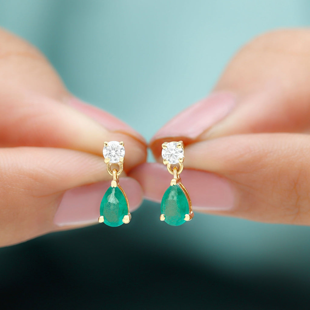 Natural Emerald and Moissanite Bridal Teardrop Earrings