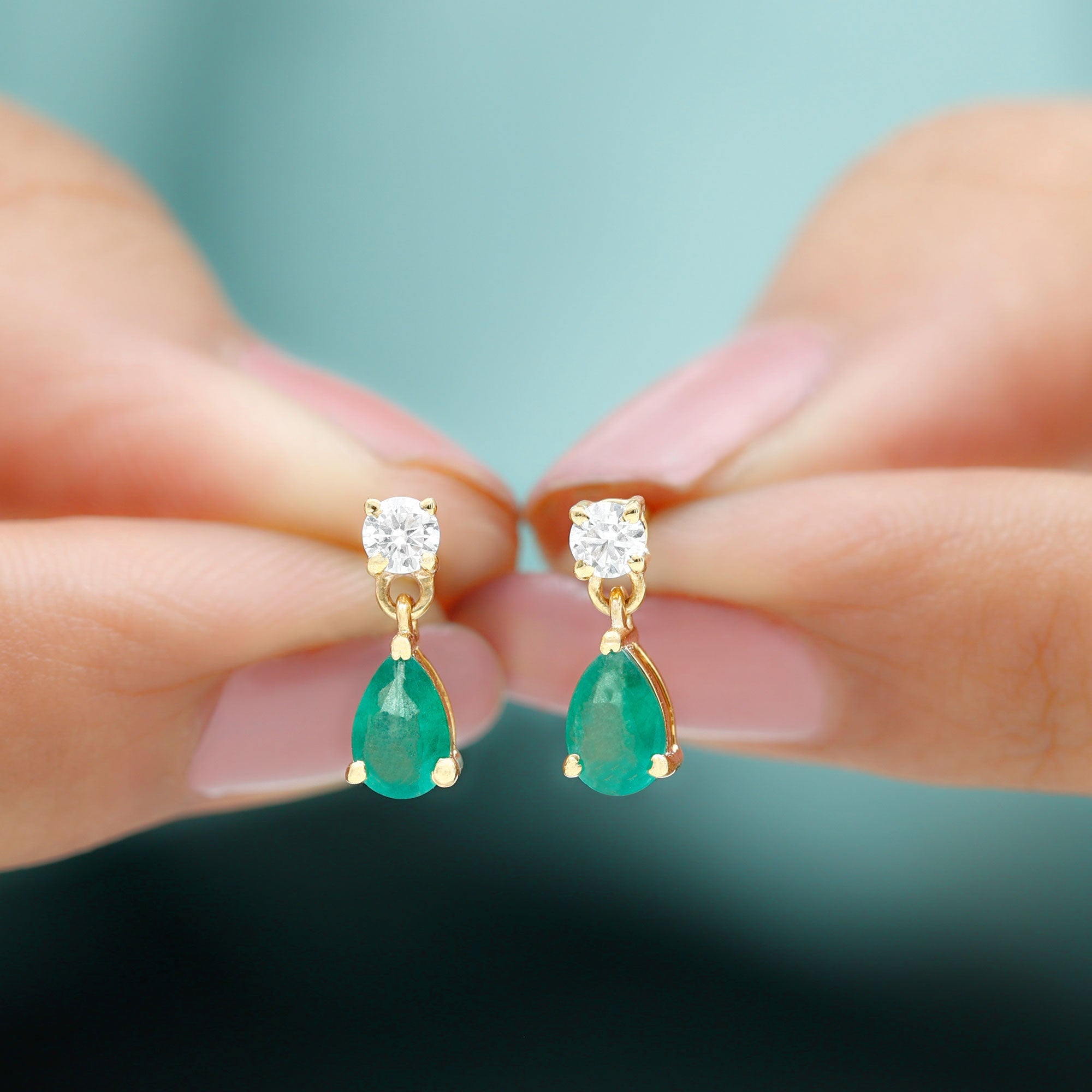 Natural Emerald and Moissanite Bridal Teardrop Earrings