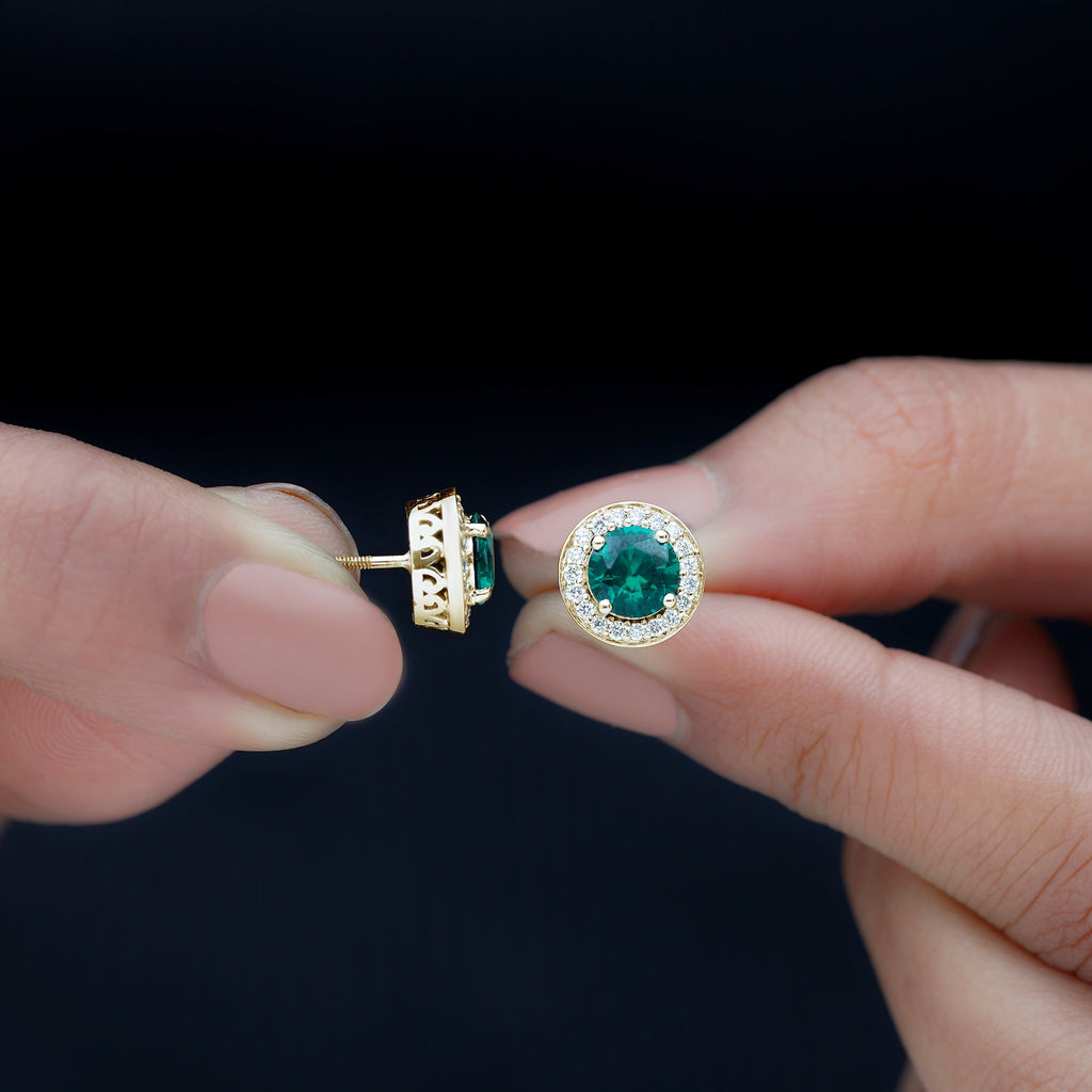 Lab Created Emerald and Diamond Wedding Stud Earrings