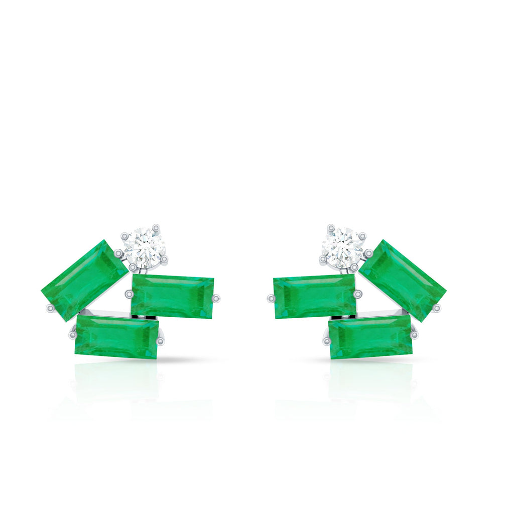 Baguette Cut Emerald and Moissanite Cluster Stud Earrings