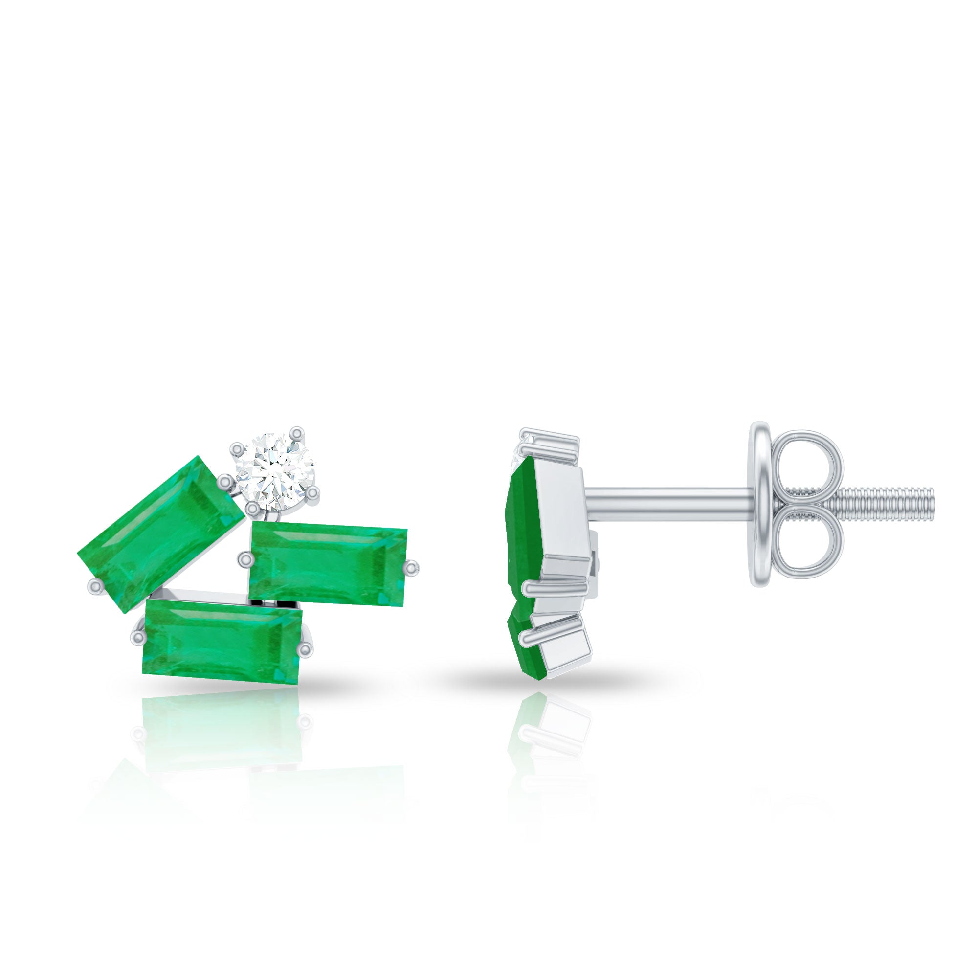 Baguette Cut Emerald and Moissanite Cluster Stud Earrings