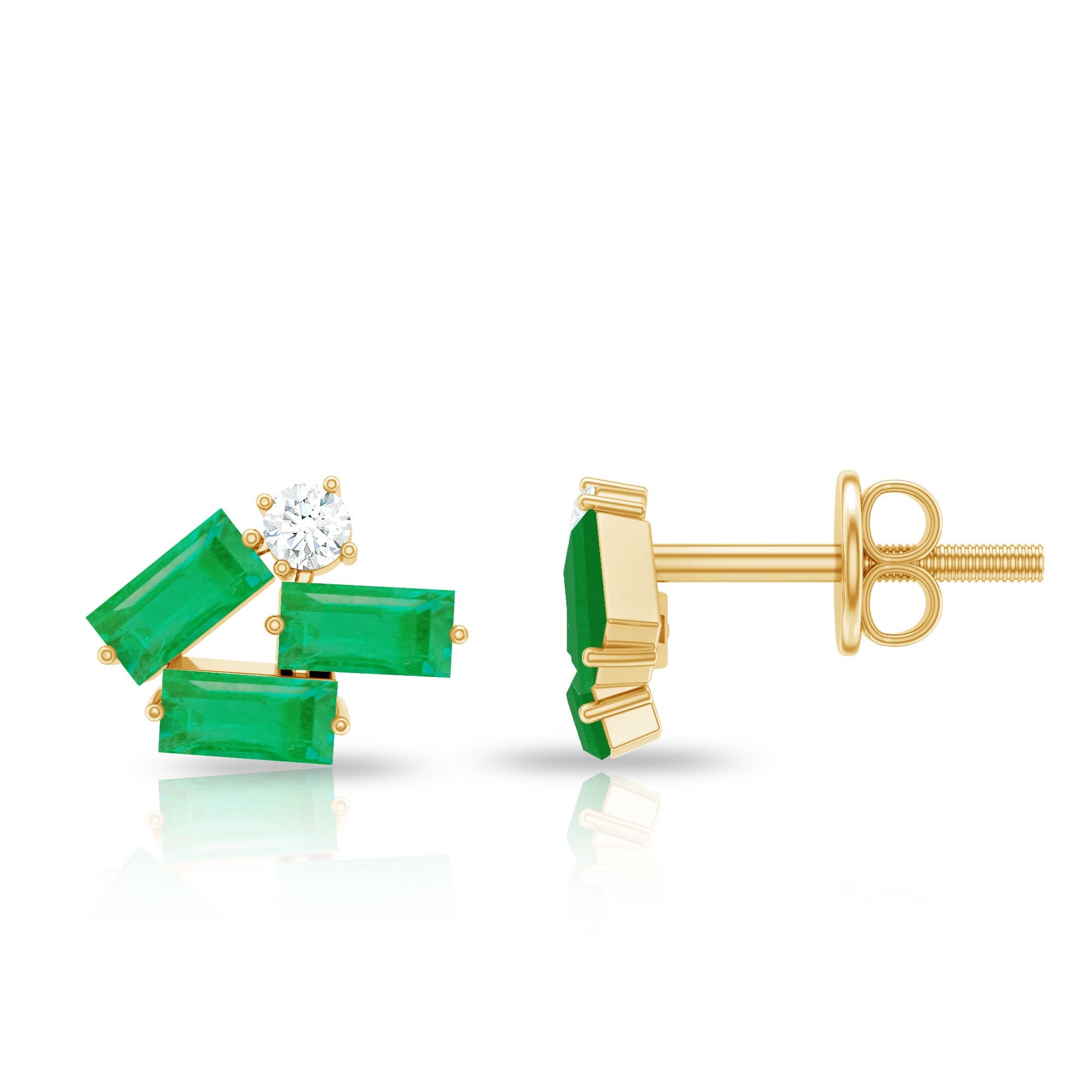 Baguette Cut Emerald and Moissanite Cluster Stud Earrings
