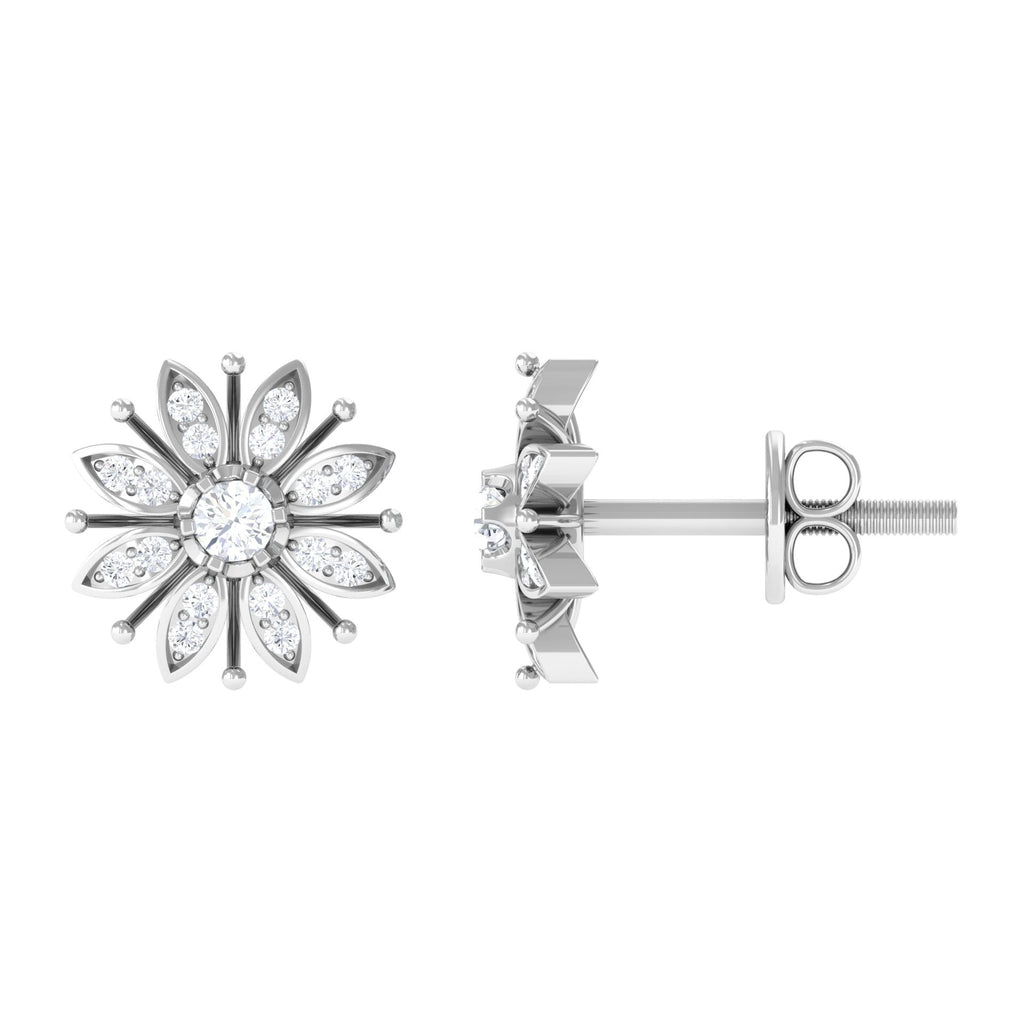Natural Diamond Flower Stud Earrings with Screw Back