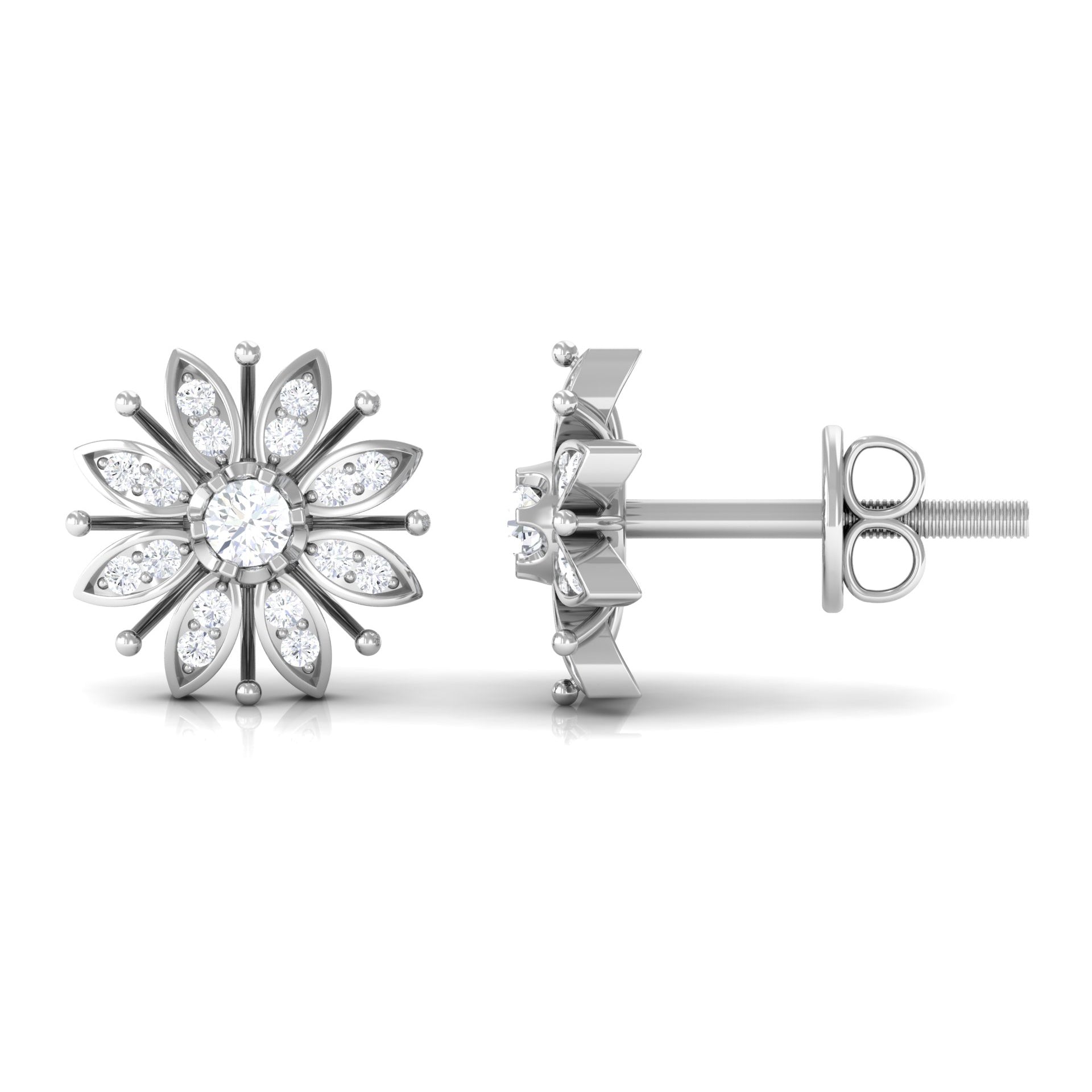 Natural Diamond Flower Stud Earrings with Screw Back