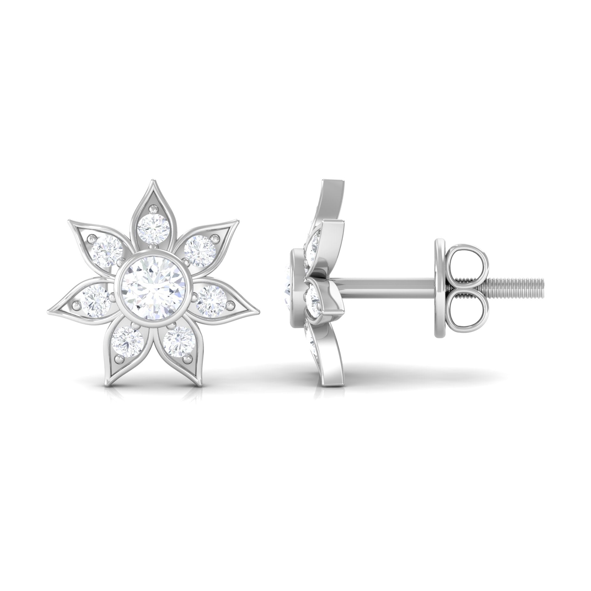 Natural Diamond Flower Earrings with Screw Back