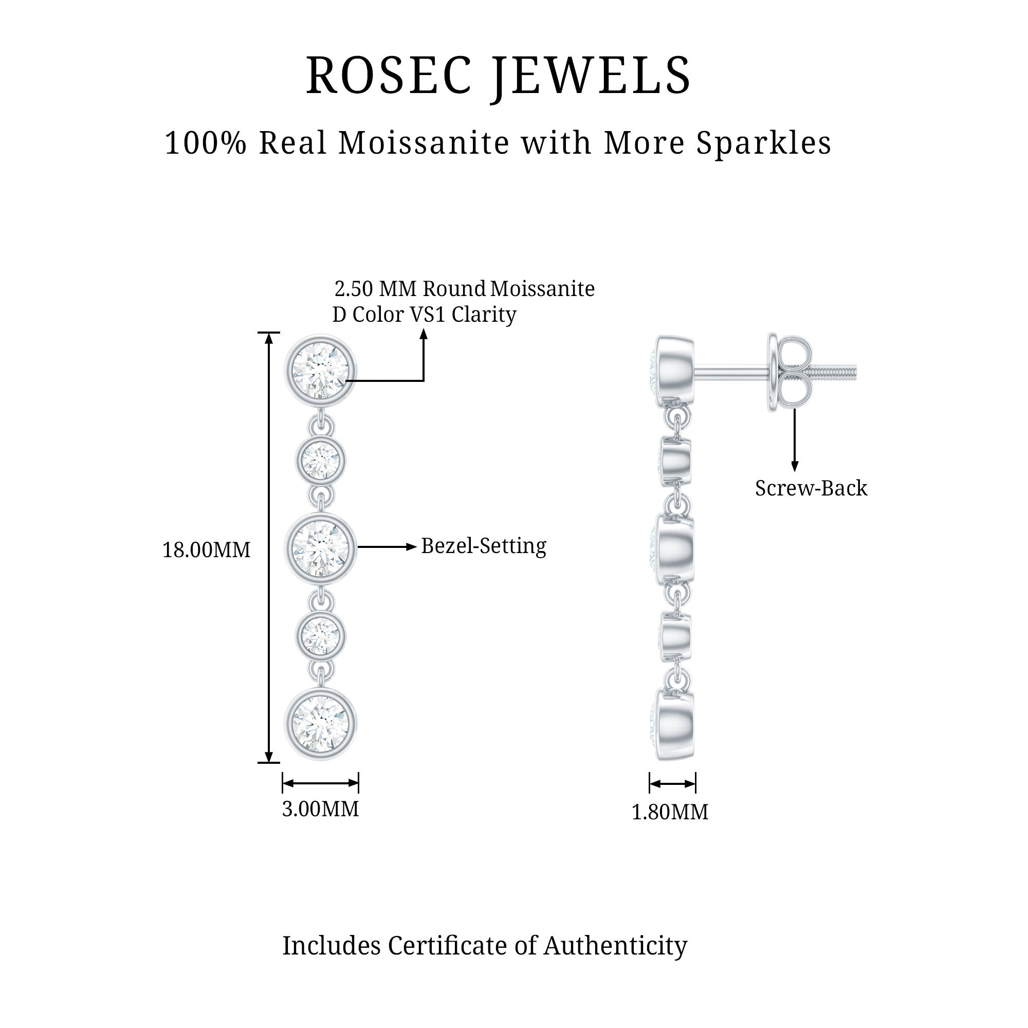 Certified Moissanite Dangle Earrings in Bezel Setting