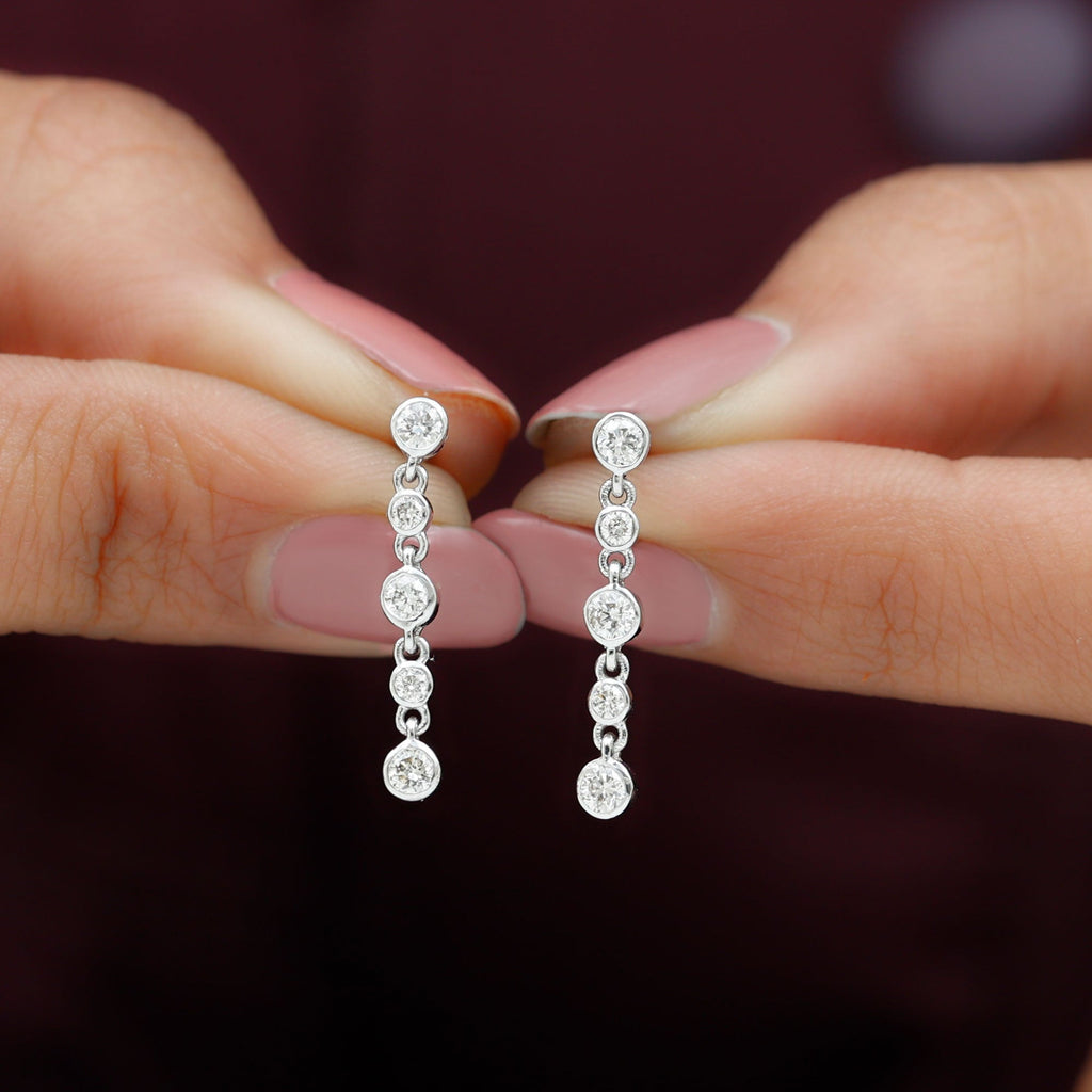 Certified Moissanite Dangle Earrings in Bezel Setting