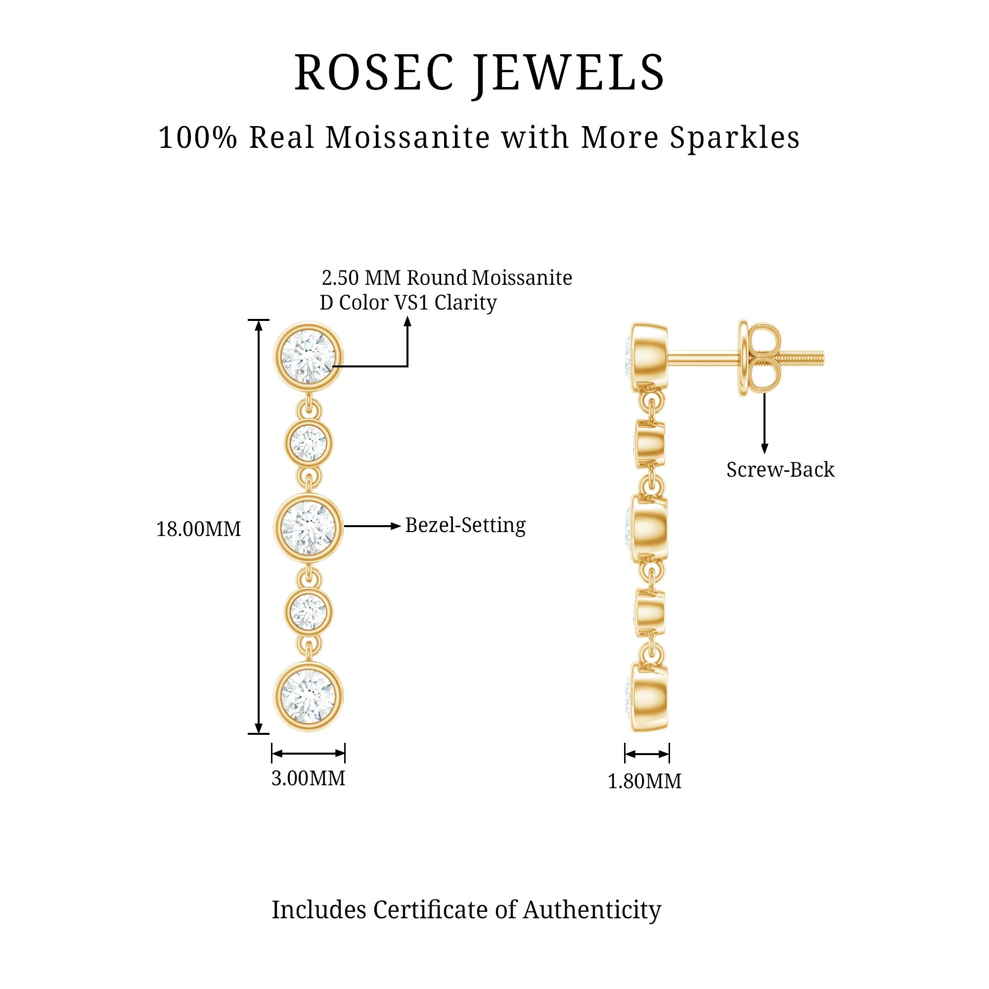 Certified Moissanite Dangle Earrings in Bezel Setting