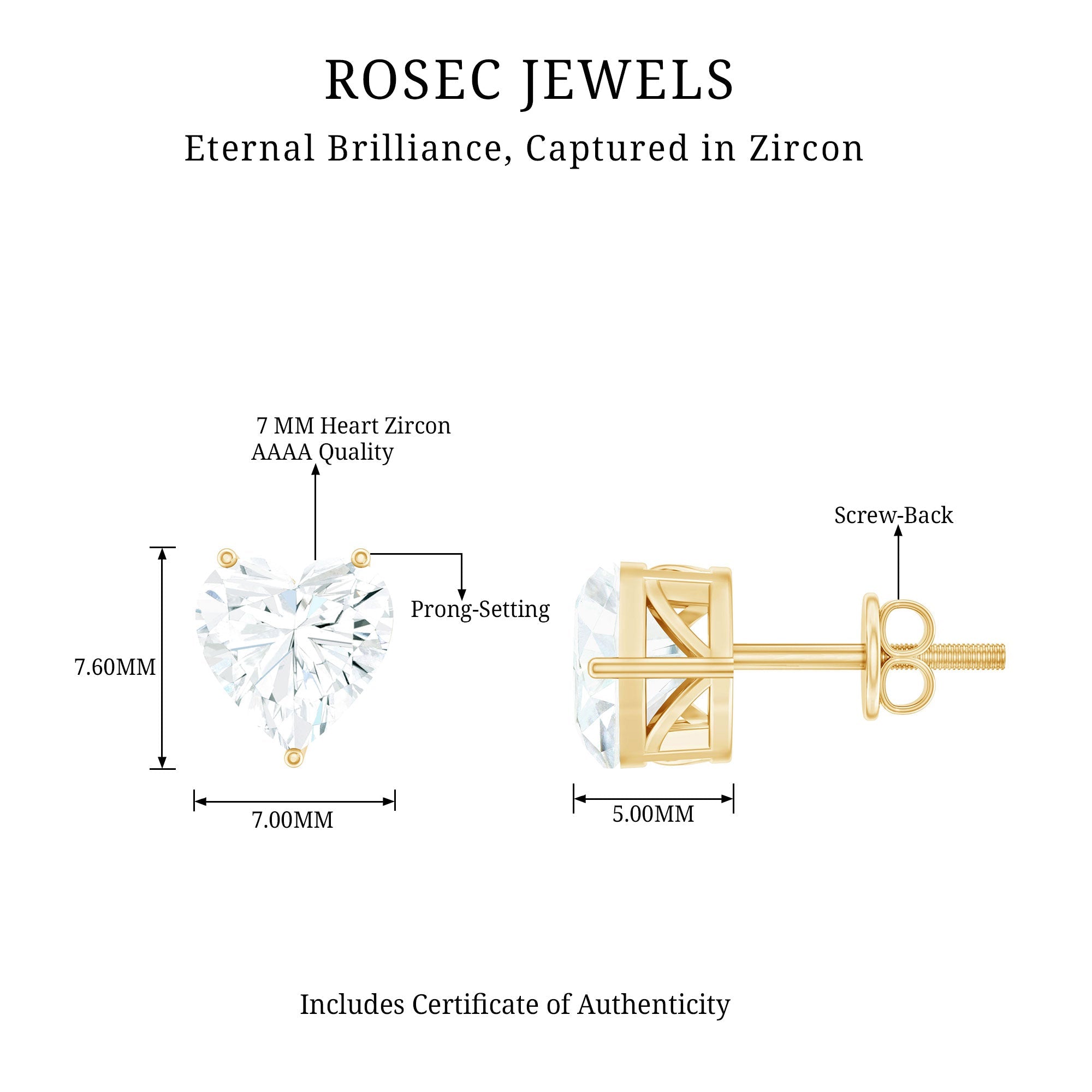 3 CT Heart Shape Cubic Zirconia Solitaire Stud Earrings in Gold
