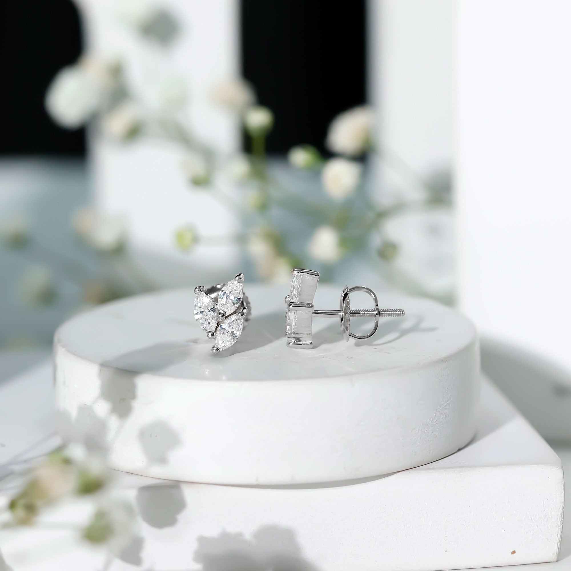 1.50 CT Marquise Cut Zircon Leaf Cluster Gold Stud Earrings