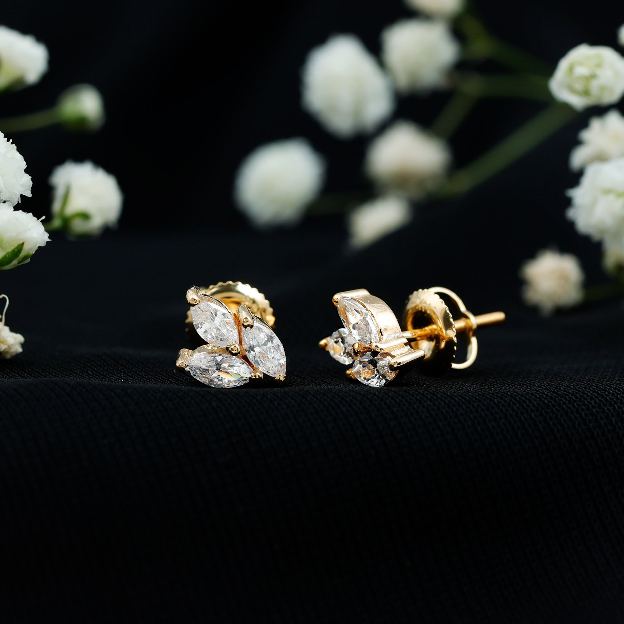 1.50 CT Marquise Cut Zircon Leaf Cluster Gold Stud Earrings