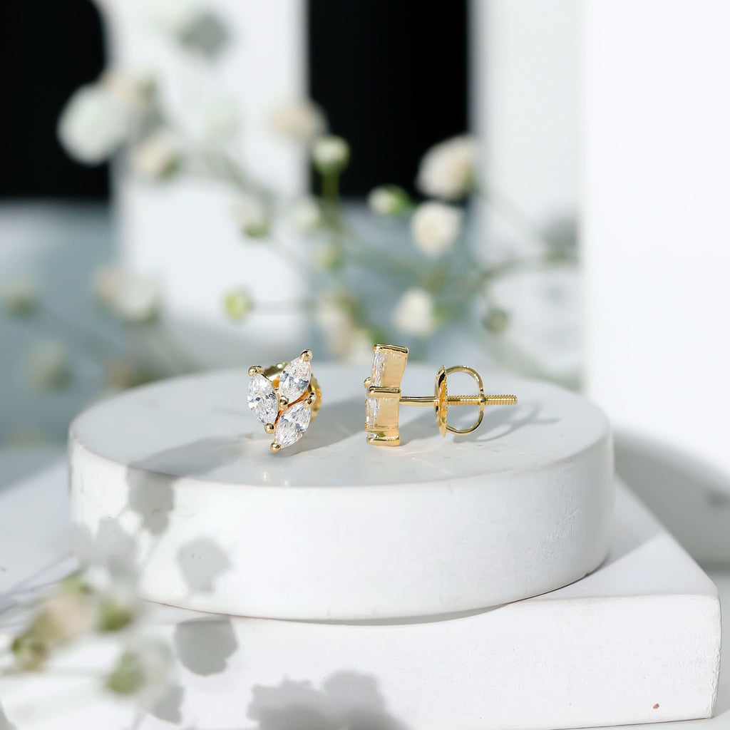 1.50 CT Marquise Cut Zircon Leaf Cluster Gold Stud Earrings