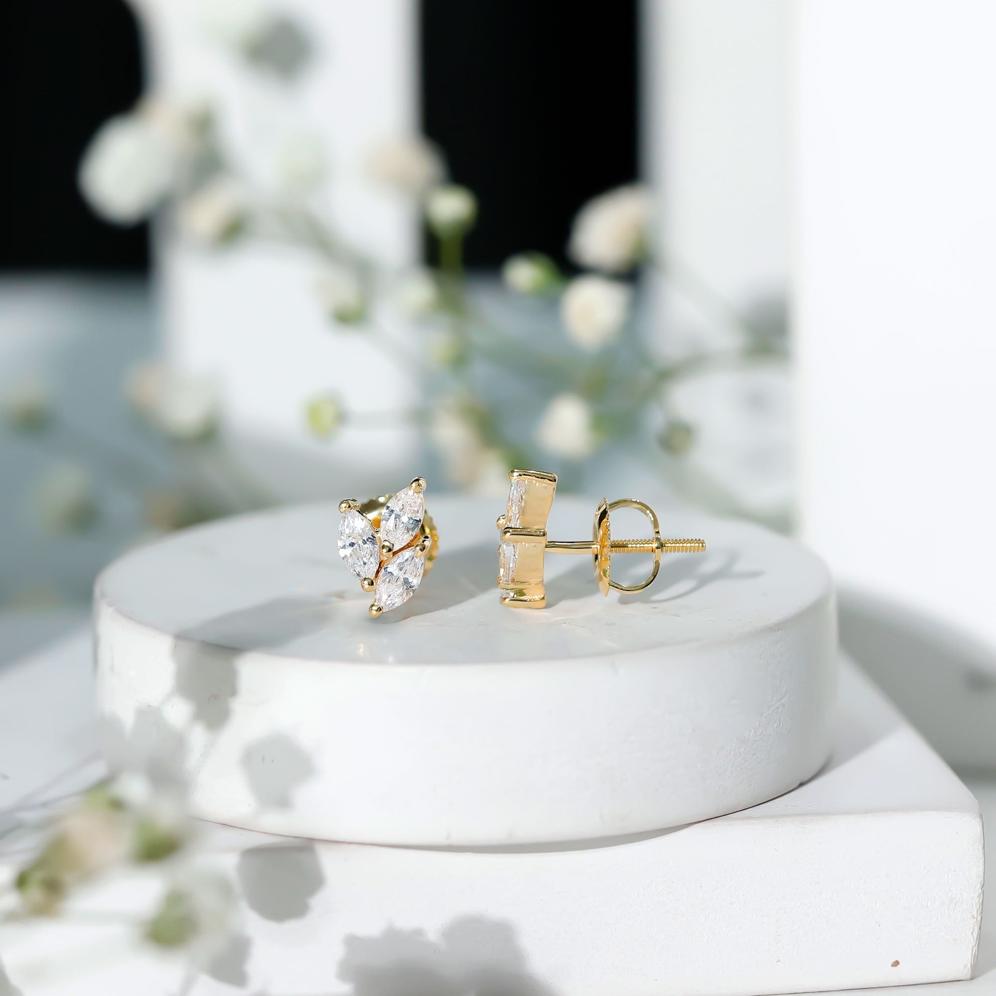 1.50 CT Marquise Cut Zircon Leaf Cluster Gold Stud Earrings