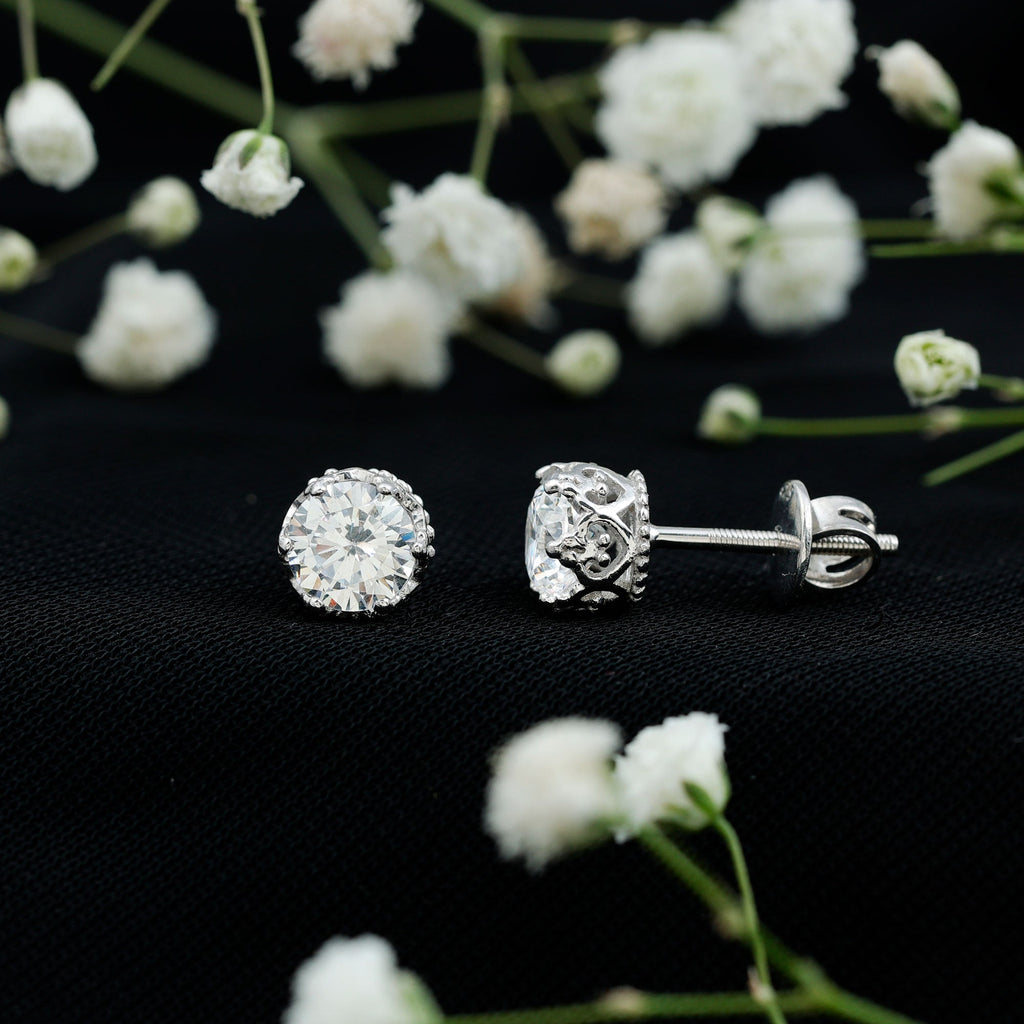2 CT Round Cut Zircon Solitaire Stud Earrings in Crown Setting