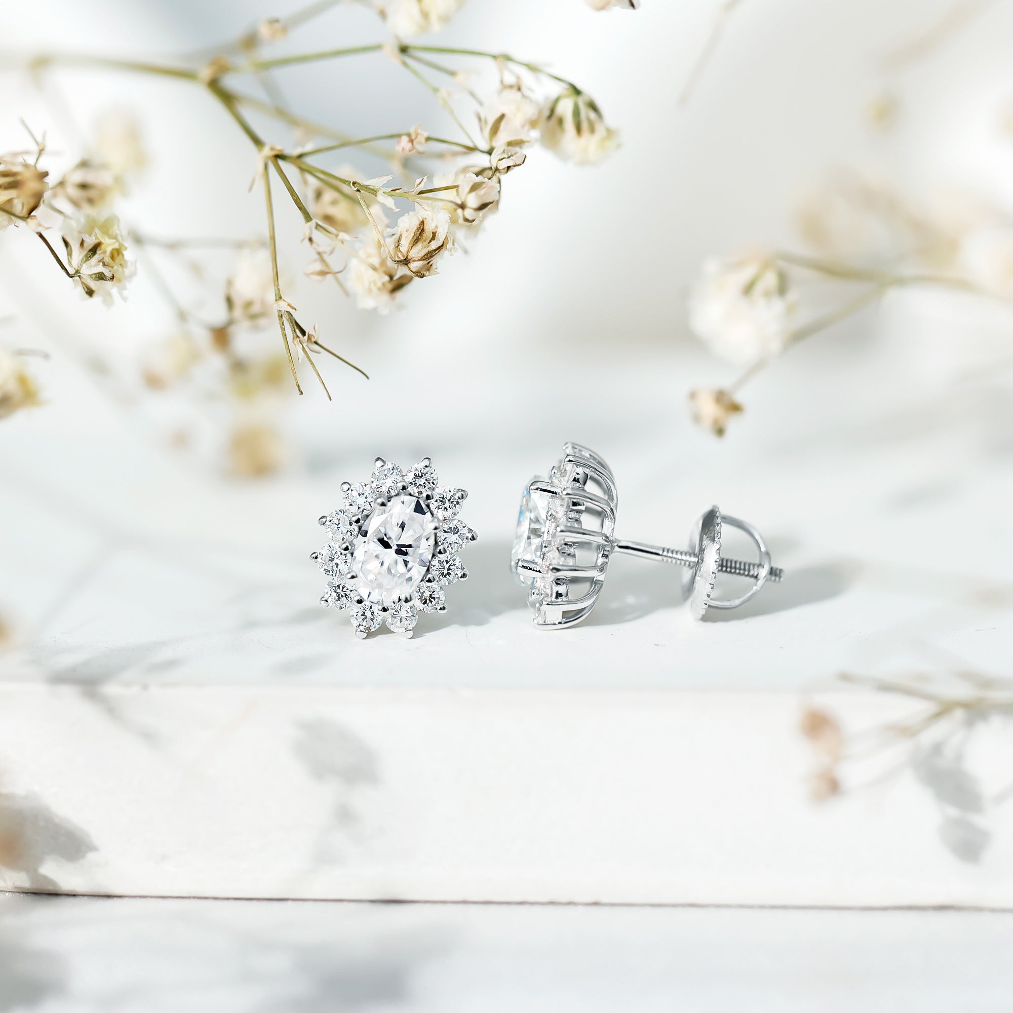 Oval Shaped CZ Diamond Halo Stud Earrings with Screw Back
