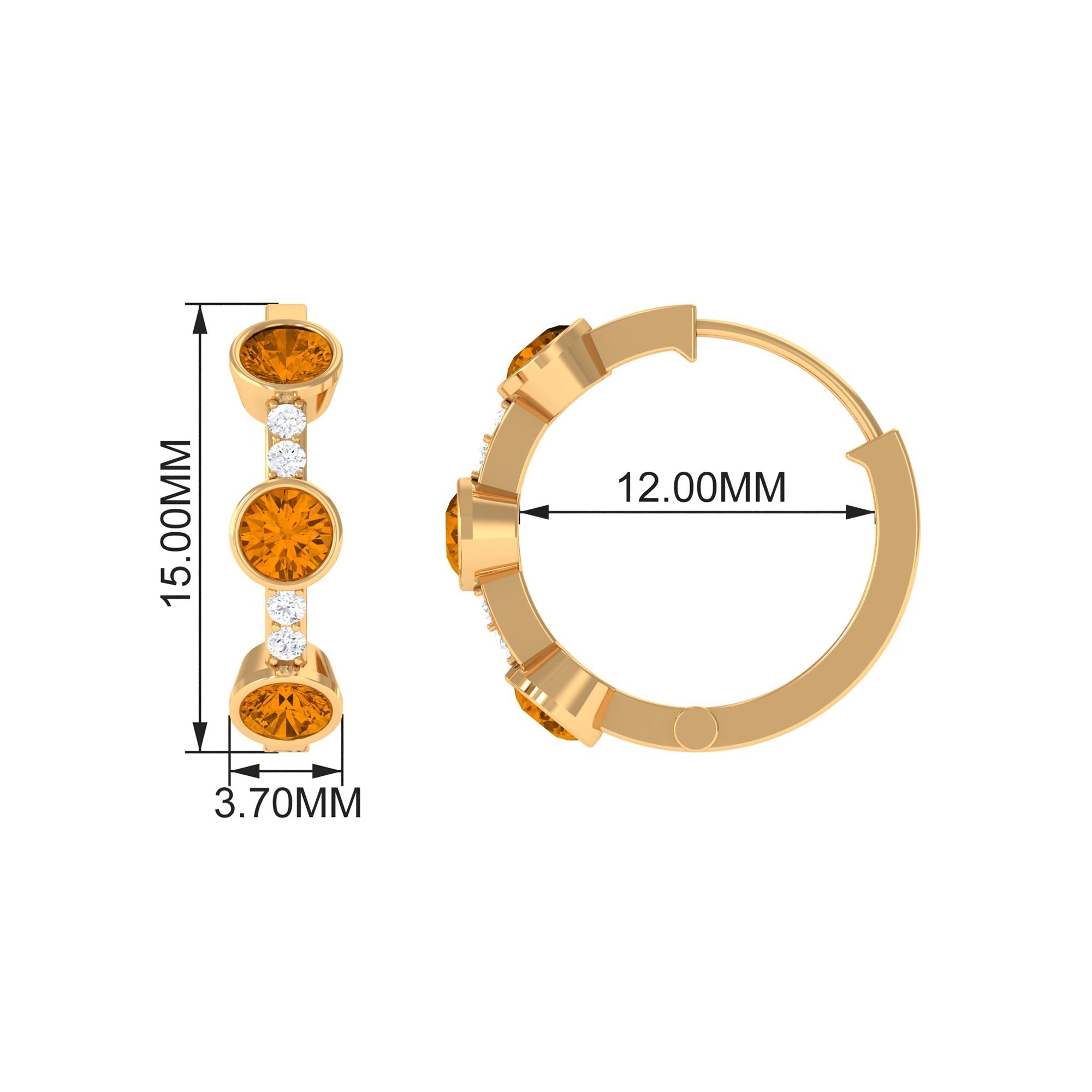 Bezel Set Citrine 3 Stone Hinged Hoop Earrings with Diamond