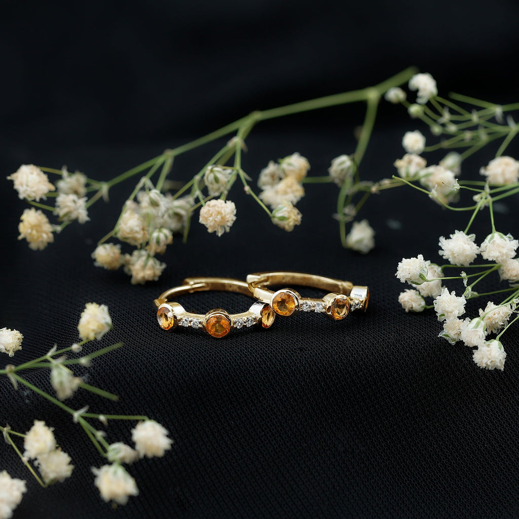 Bezel Set Citrine 3 Stone Hinged Hoop Earrings with Diamond