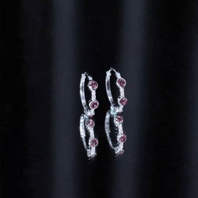Bezel Set Pink Tourmaline 3 Stone Hinged Hoop Earrings with Diamond