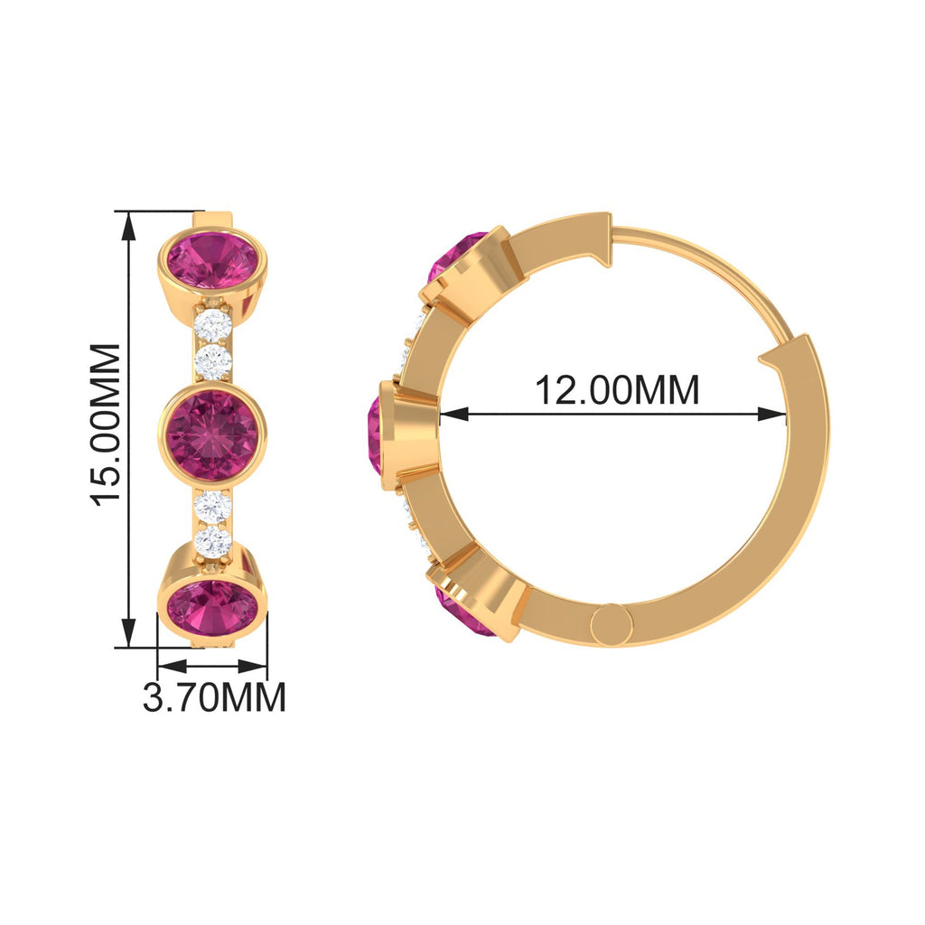 Bezel Set Pink Tourmaline 3 Stone Hinged Hoop Earrings with Diamond