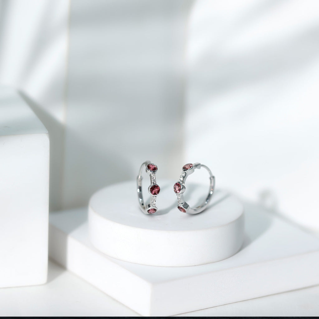 Bezel Set Pink Tourmaline 3 Stone Hinged Hoop Earrings with Diamond