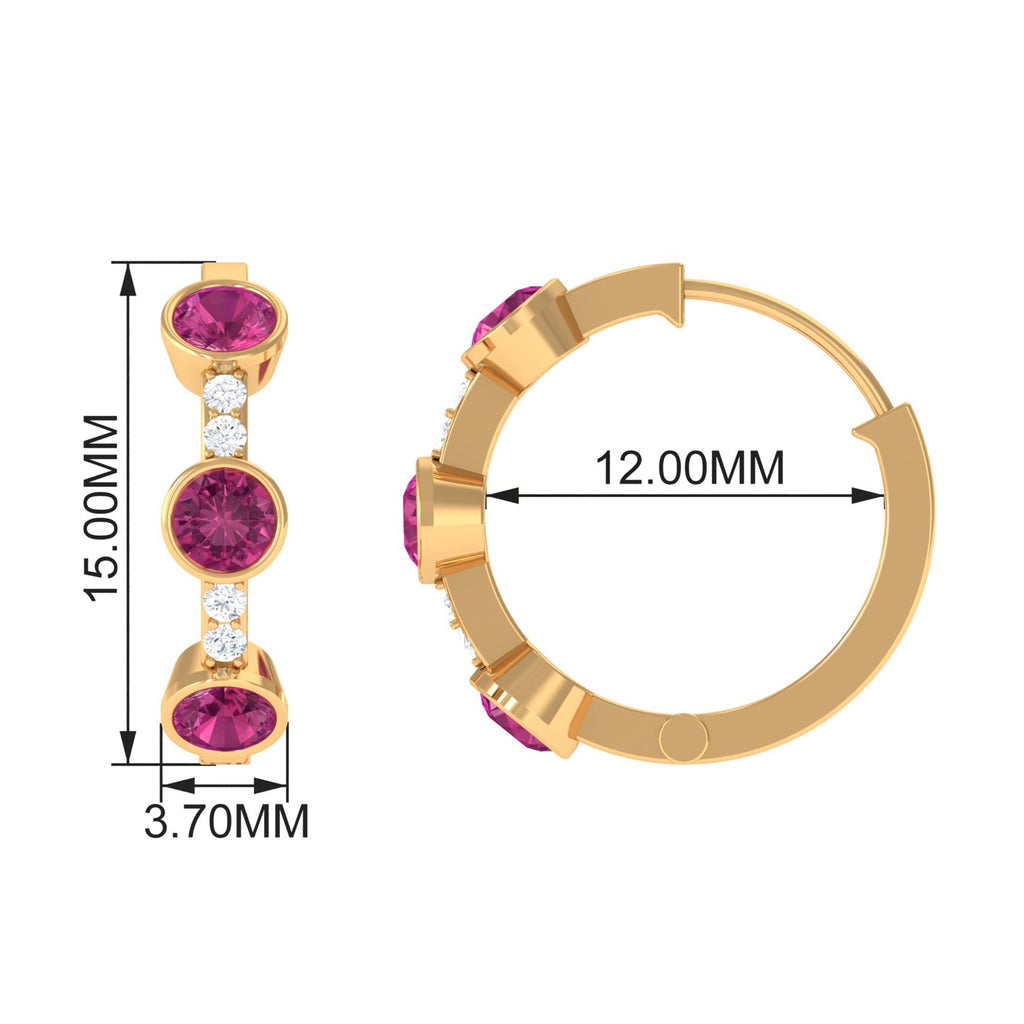 Bezel Set Pink Tourmaline 3 Stone Hinged Hoop Earrings with Diamond