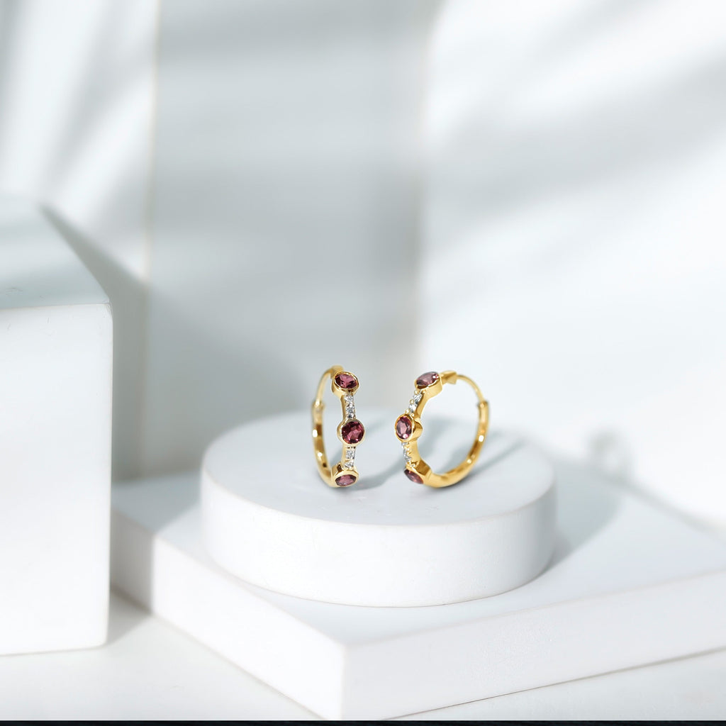 Bezel Set Pink Tourmaline 3 Stone Hinged Hoop Earrings with Diamond
