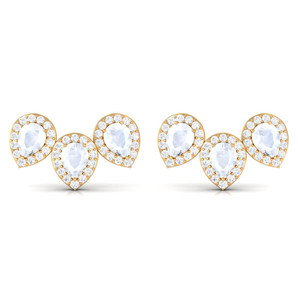 Pear Shape Moonstone Three Stone Bridal Stud Earrings with Diamond Halo