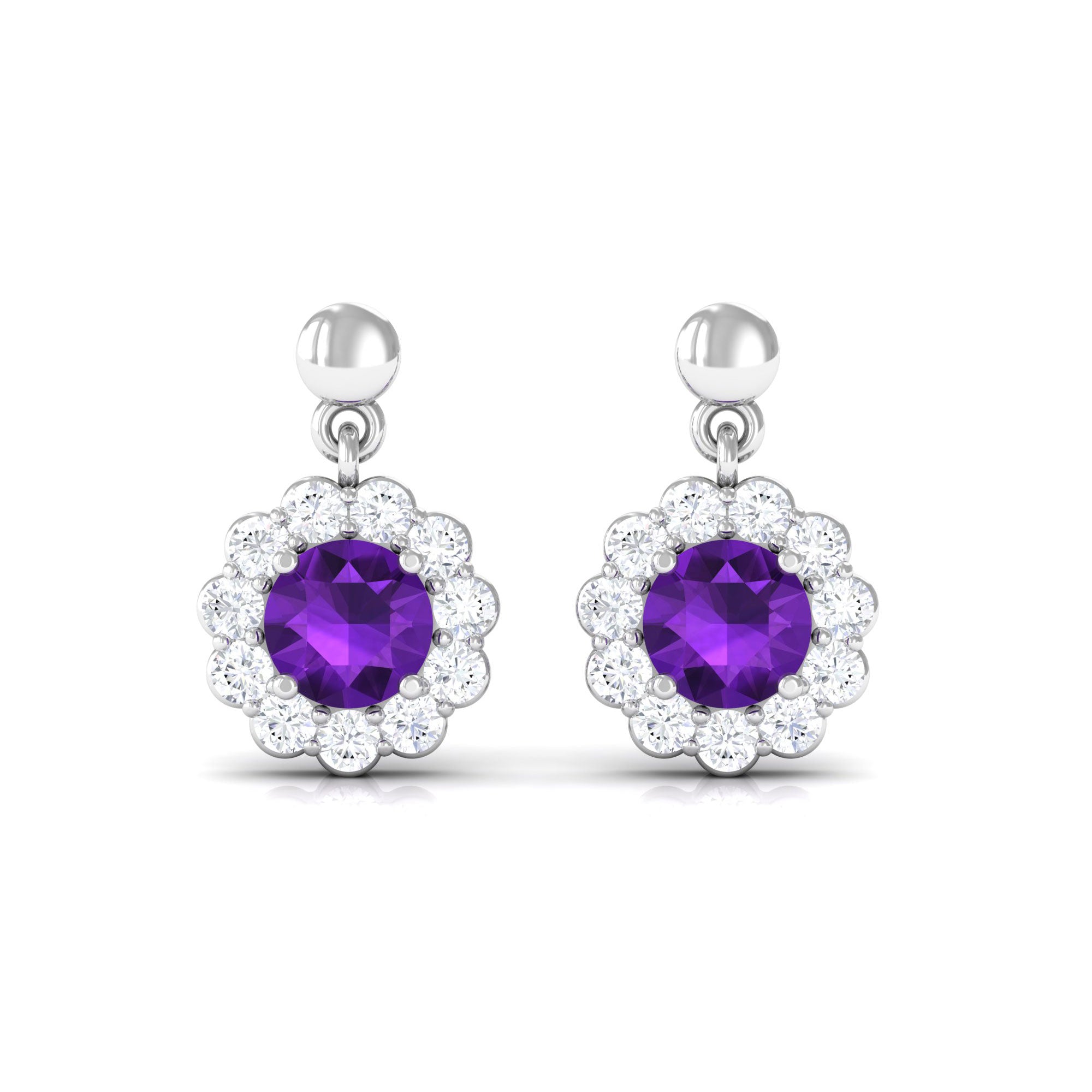 1.5 CT Real Amethyst and Diamond Flower Halo Drop Earrings