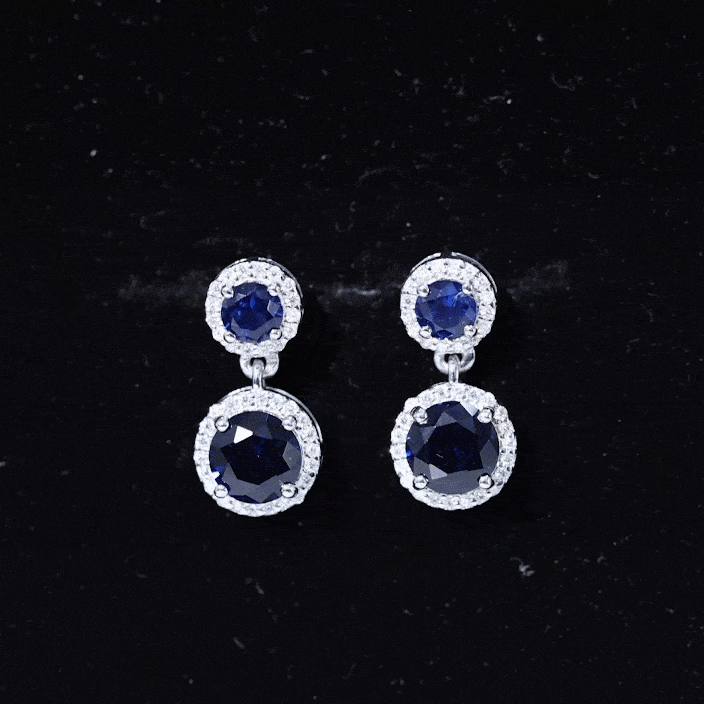 3 CT Created Blue Sapphire and Moissanite Halo Dangle Earrings