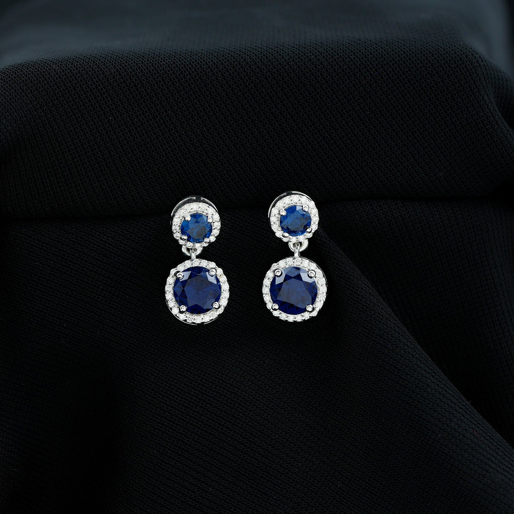 3 CT Created Blue Sapphire and Moissanite Halo Dangle Earrings