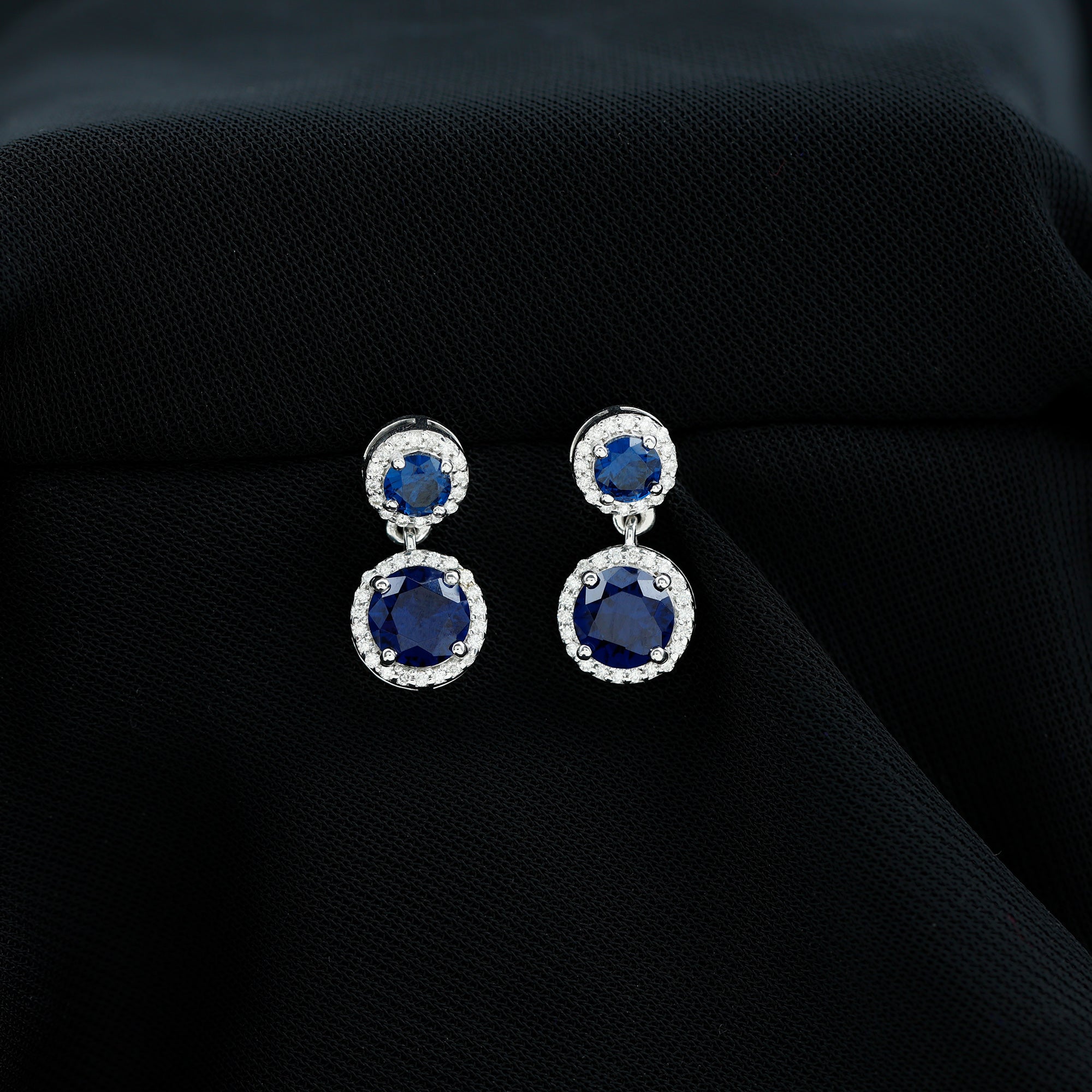3 CT Created Blue Sapphire and Moissanite Halo Dangle Earrings