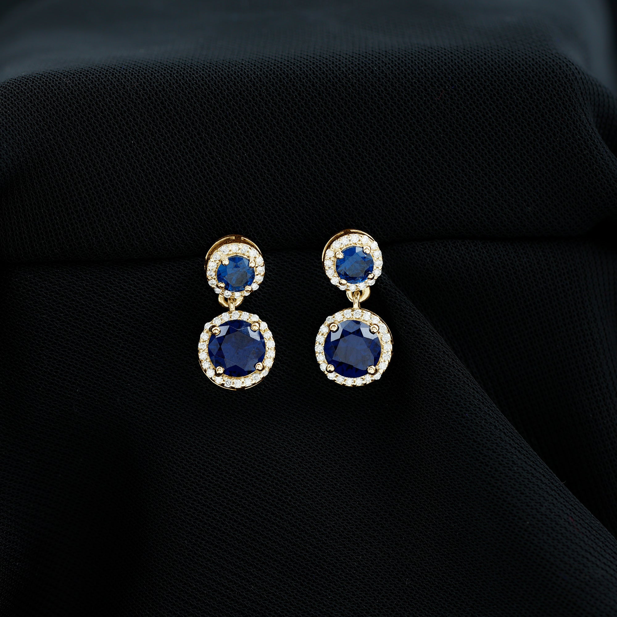 3 CT Created Blue Sapphire and Moissanite Halo Dangle Earrings