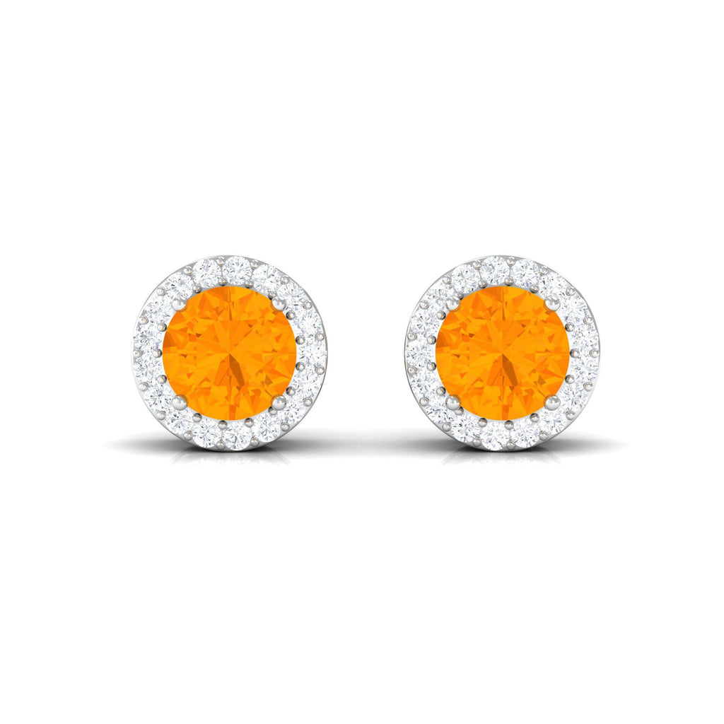 Round Fire Opal Minimal Halo Stud Earrings with Diamond