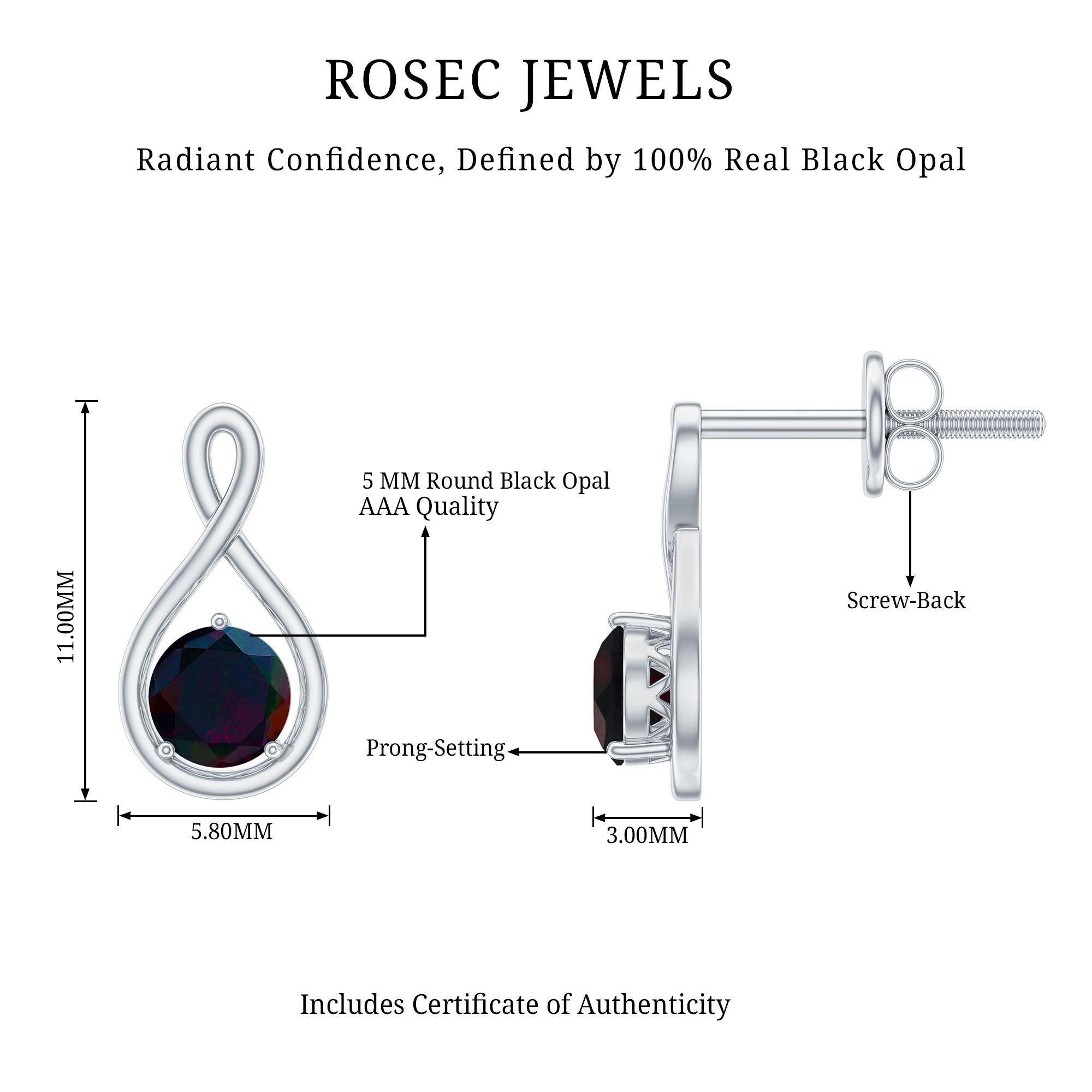 Natural Black Opal Infinity Earrings with Screw Back