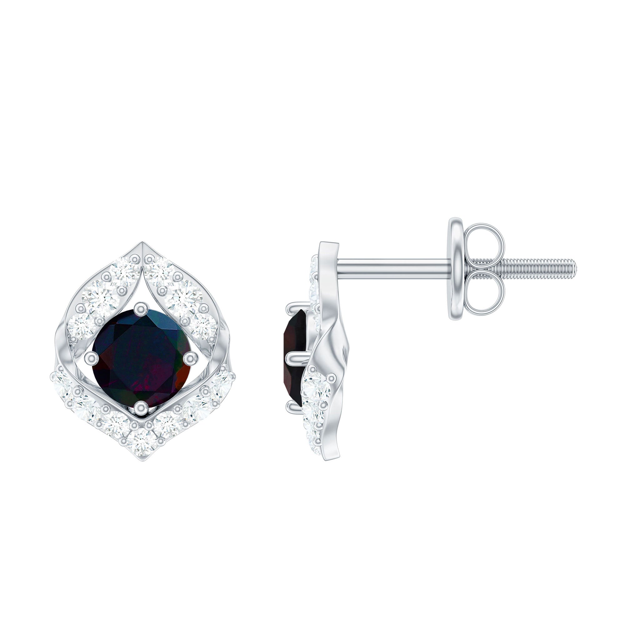 Natural Black Opal Diamond Leaf Earrings with Screw Back