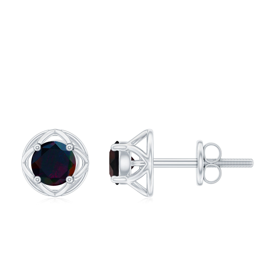 1/2 CT Round Shape Black Opal Solitaire Floral Stud Earrings