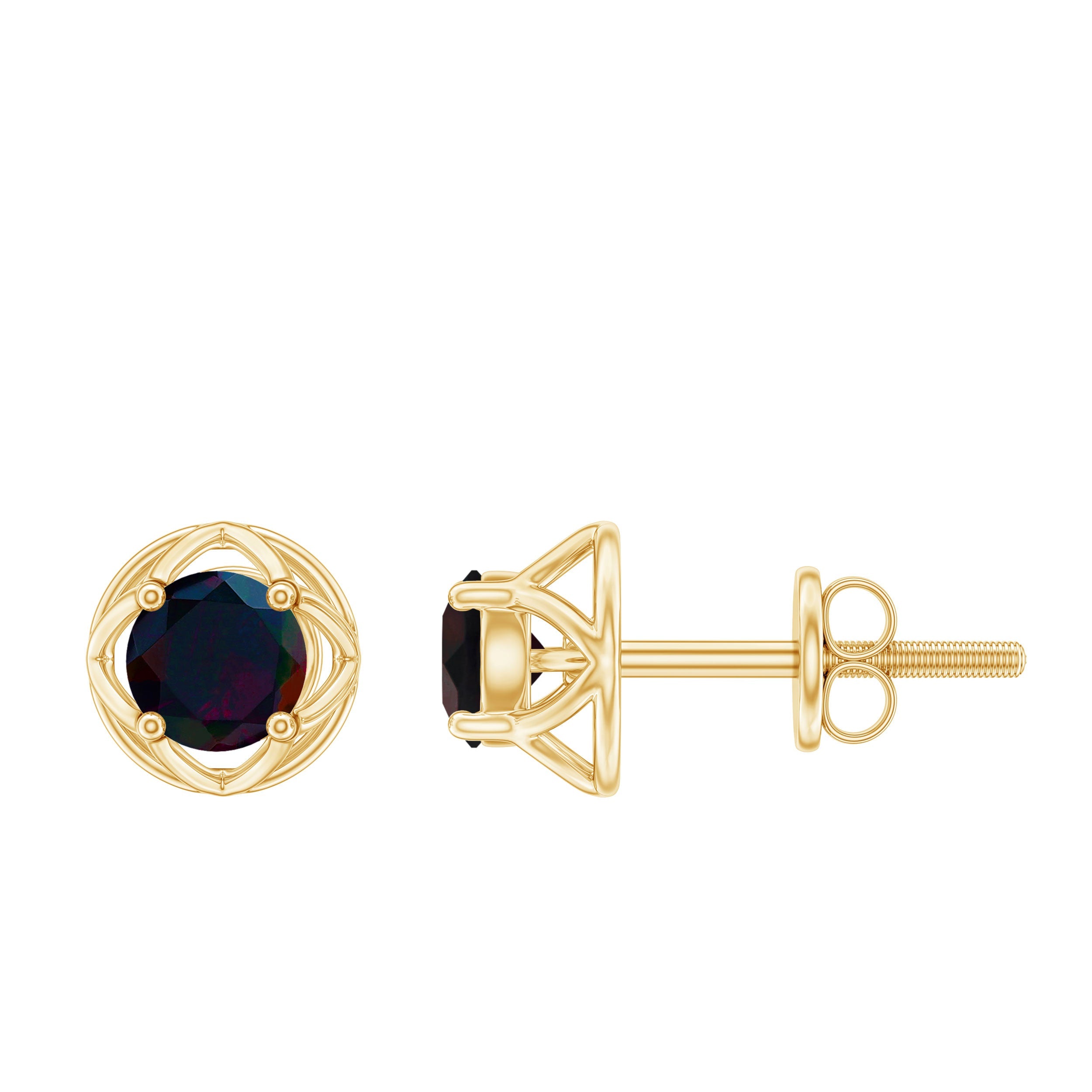 1/2 CT Round Shape Black Opal Solitaire Floral Stud Earrings
