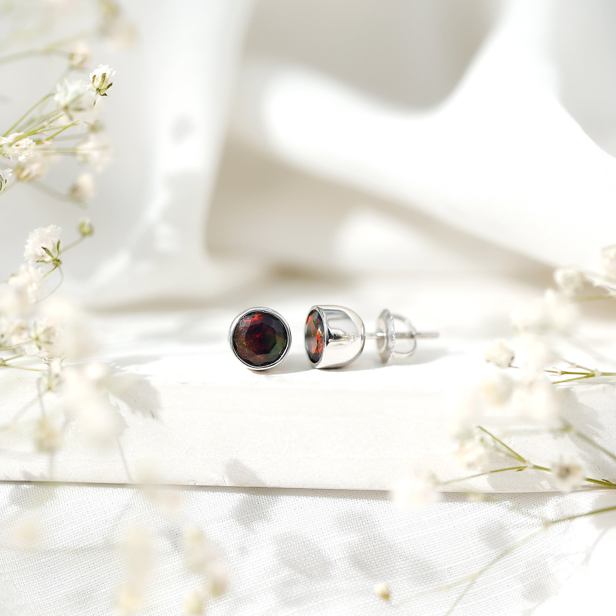 Bezel Set 6mm Black Opal Stud Earrings with Certificate