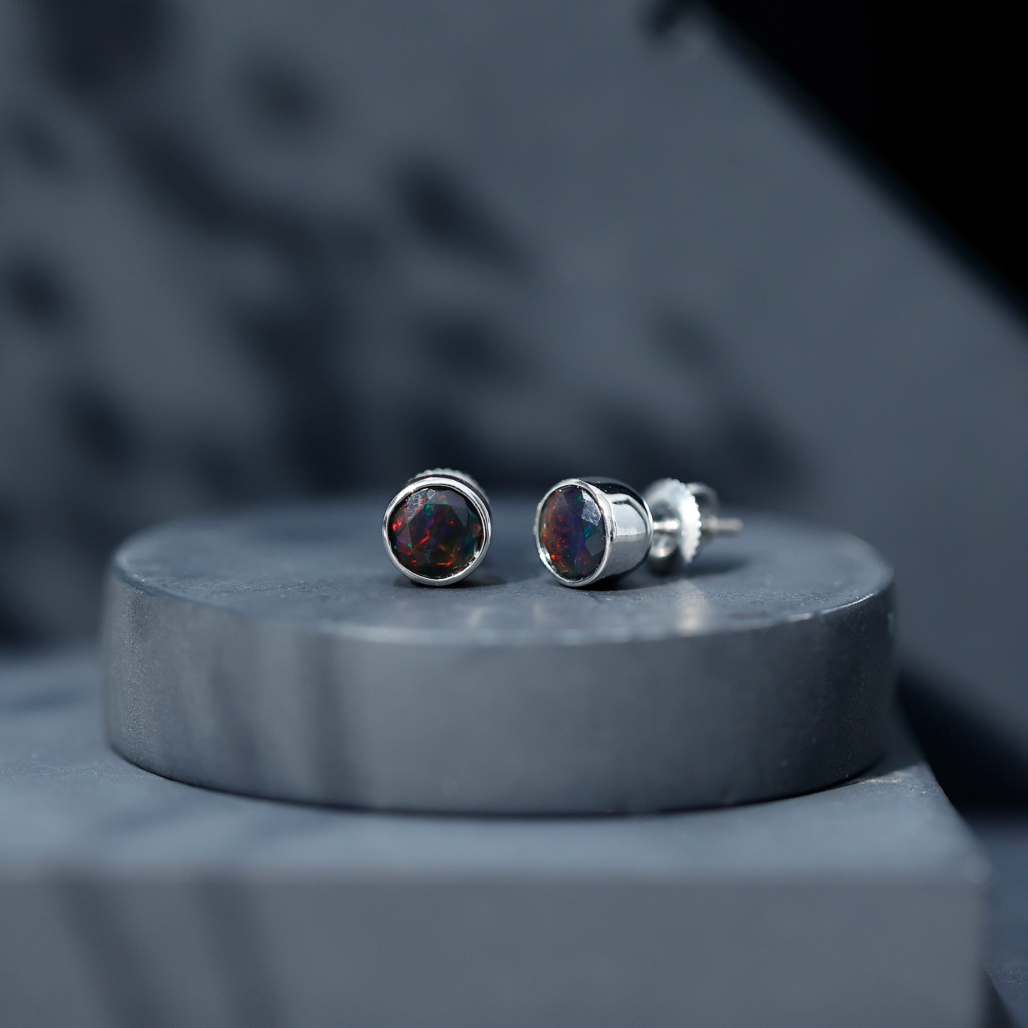 Bezel Set 6mm Black Opal Stud Earrings with Certificate